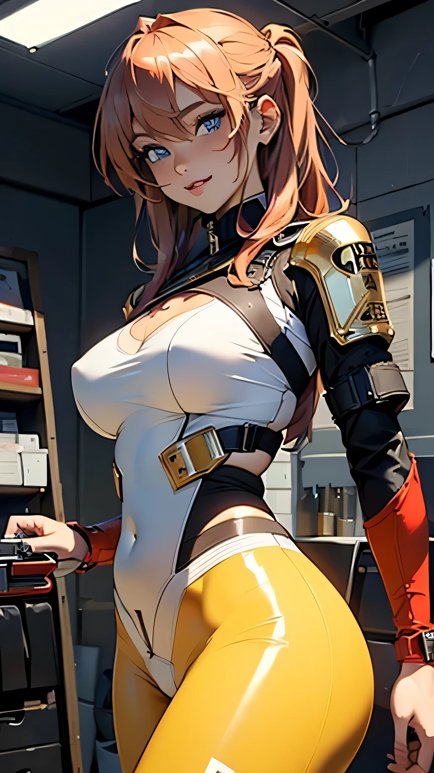 (best qualityer, work of art, colorfully, dynamic angle, highest detailded) (cangfeng), (offcial art, extreme detailded, highest detailded), (cangfeng), realisitic, long hair girl fashion photography, (details Intricate, hyperdetailded:1.55), dressing high detailded bodysuit (high resolution textures), (bright sunny_giorno), perfect lighting, plein-air, hair between the eyes, (Breasts huge:1.2), skintight, (asymmetrical pants), mitts, in dynamic pose, bokeh, detailded, detailded background, mechanical right arm, torn pants, below the chest, perfect hand, hdr+, fully body, badass,