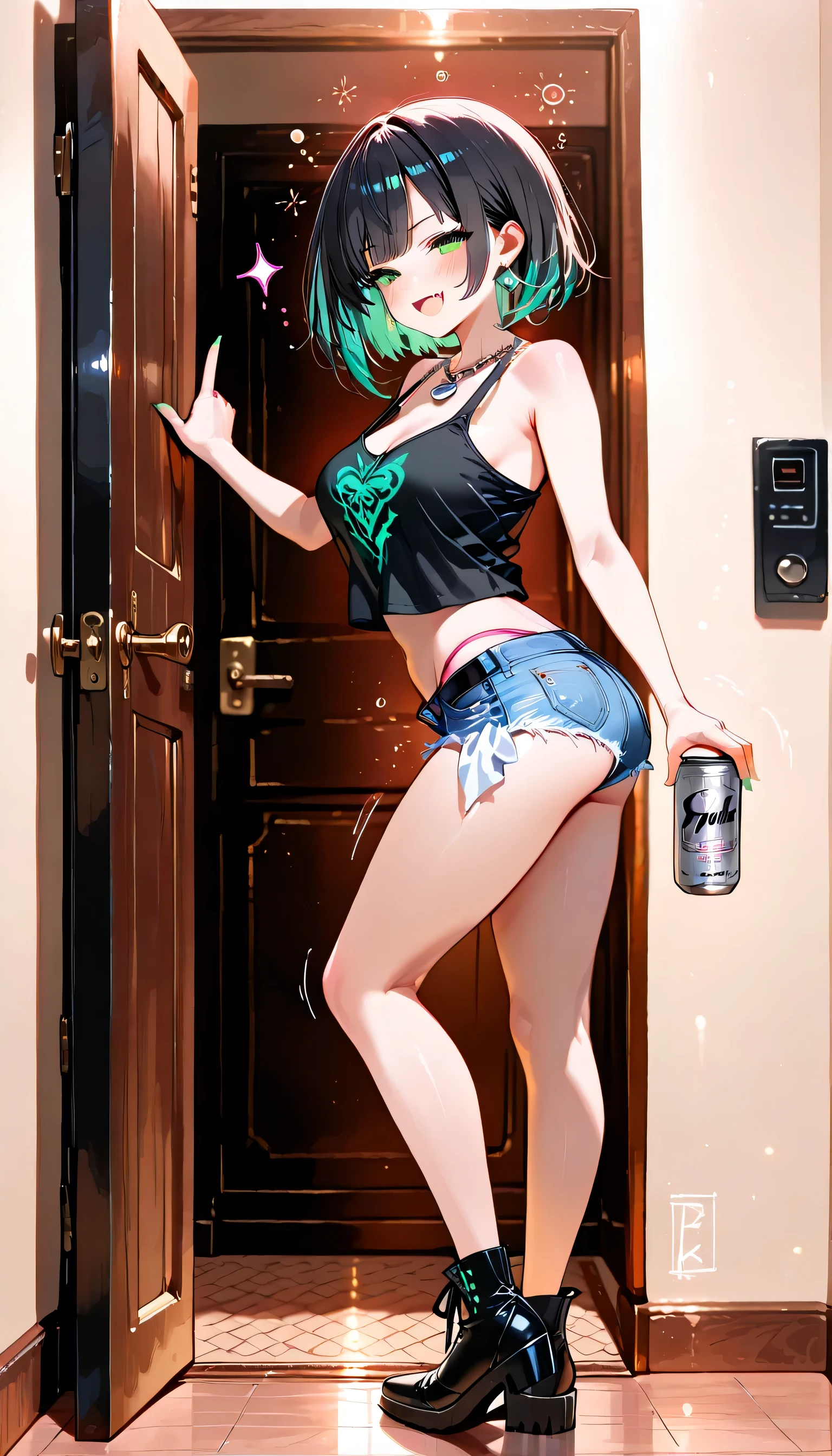 NSFW,cute,shot from behind,Holds beer can with right hand ,((left hand finger pushed door bell ,:1,3)),full body,standing in front of the front door ,(masterpiece, ultra high definition, 16k, intricate), sharp focus, crisp details,virtual youtuber, 1woman ,30yo, woman ,idol,influencer,over size black tank top ,shocking pink brassiere, denim hot pants,panties ,Black short hair、 black hair、green eyes 、silver necklace、grinning,fang,displeased , blush, side view, simple background, Lewd woman ,drunk eyes,、 glamor body、 is embarrassing、shy、 women ,earrings、Open up, medium breasts,blush,,sapSmile lightly 