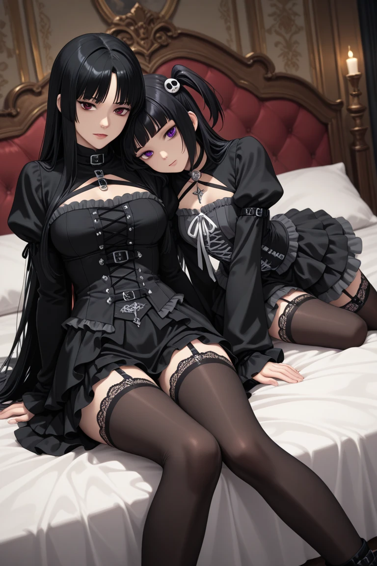 Highest quality,Highest Resolution,(((A beautiful black-haired girl with pale eyes in a maid leotard)))and(((A beautiful purple-haired girl with beautiful red eyes wearing a gothic lolita leotard)))are having sex in the sitting position,kiss,saliva,(((Halo))),Tears,
