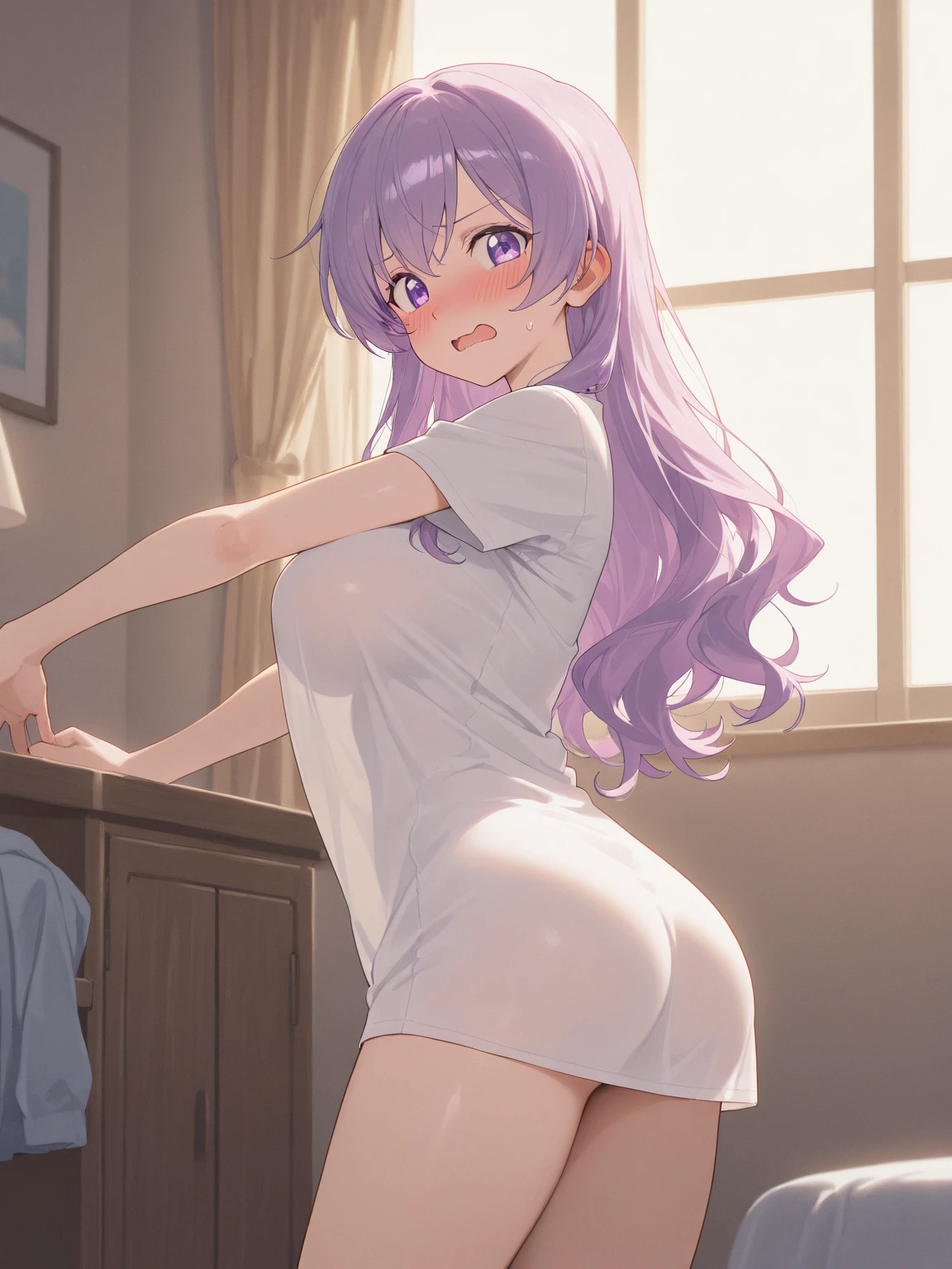 photorealistic, (4k), depth of field, (Masterpiece), (realistic skin texture), extremely detailed, intricate, hyper detailed, high resolution, professional photography, bokeh, sharp detail, best quality, woman, standing, japanese style, no cloth, shining breasts, blush, blush on face, looking at viewer, frieren, long hair, twintails, (green eyes:1.5), grey hair, pointy ears, elf, job skirt, white shirt, shirt is wet, wet shirt, transparent shirt, seductive, unbottened, small breasts, , nipples under shirt, unbuttoned, unbuttoned shirt, nipples can see, woman job skirt, job skirt, black skirt, lying, on bed, skirt tug, from behind, behind, ass, small ass, looking into viewer