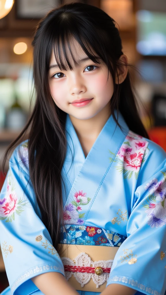 11 year old girl Japanese Light blue yukata Realistic Skin Ponytail Medically accurate beautiful five fingers