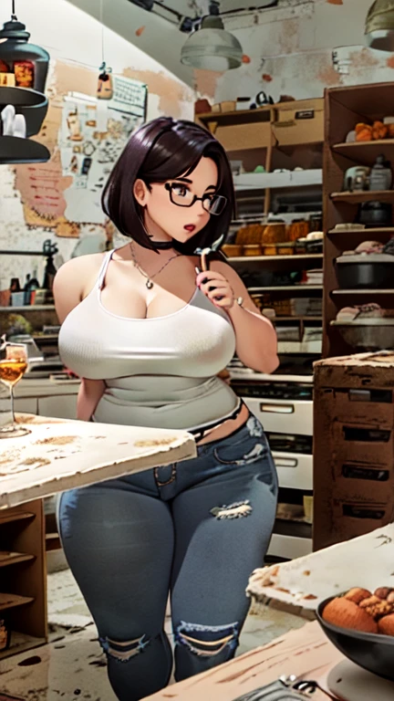 (best quality, masterpiece), 50yo beautiful girl,glasses,denim overalls,(naked),hot pants,side undercut hair,sneaker,(heavy makeup),(wrinkle),huge sagging breasts,necklace,hoop earring,in crowded BBQplace,smirk,arms behind head,showing off armpits,smirk,absurdres