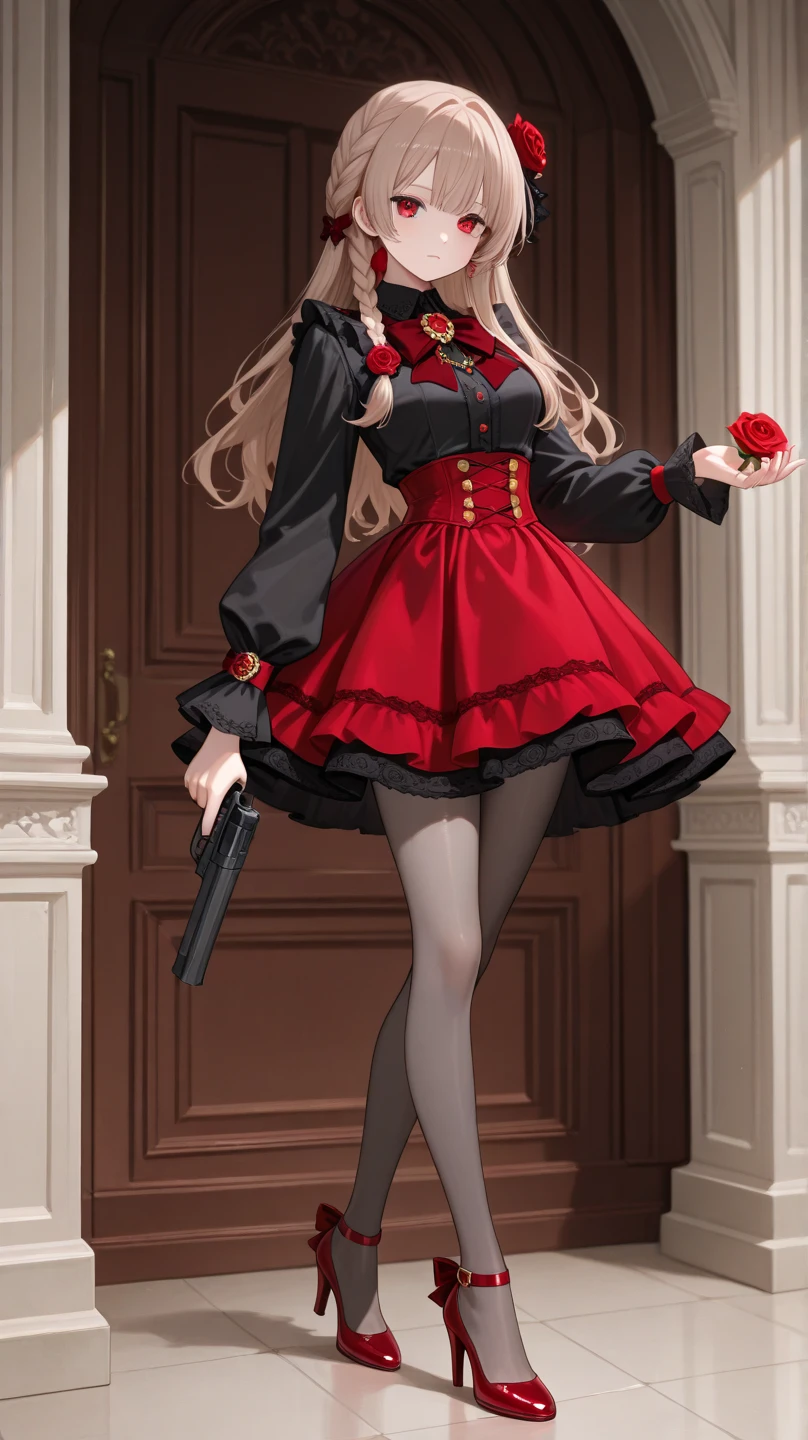 Tanya degurechaff, anime, cinematic, ovra prima, vignette, photography, hyper realistic, realistic, war, weapons, sadness, red dress, 8K