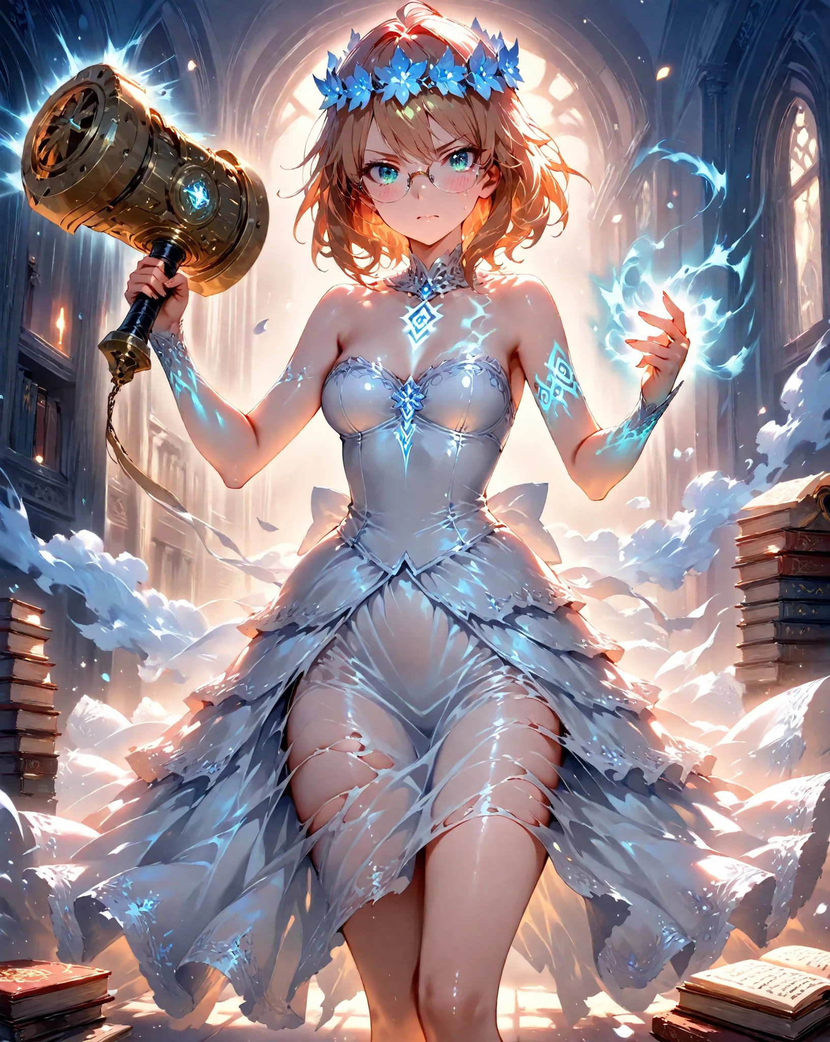 masterpiece, highly detailed, cinematic lighting, 4k quality, side-by-side composition — on the left: a fragile beautiful woman (nice curves) with short messy hair, wearing large round prescription glasses, struggling to hold a towering pile of books, small and nervous expression, simple clothes, realistic setting like a school corridor or library — on the right: the same girl, now transformed, her arms and legs are translucent and spectral, glowing slightly in shades of pale and icy blue, fading to white at the extremities, her face serene and determined, removing her glasses with one hand, holding an enormous, exaggerated warhammer in the other hand (the hammer is stylized, fantastical, massive), she's wearing a torn, weathered white wedding dress with a delicate flower crown on her head, dreamy flowing fabric, standing in a surreal dreamlike nightmare setting, with smoky fog, floating petals, distant ethereal shapes, shadows and particles in the air — soft dramatic contrast between reality and dream, duality of weakness and inner power, dreamlike aesthetic, cinematic fantasy