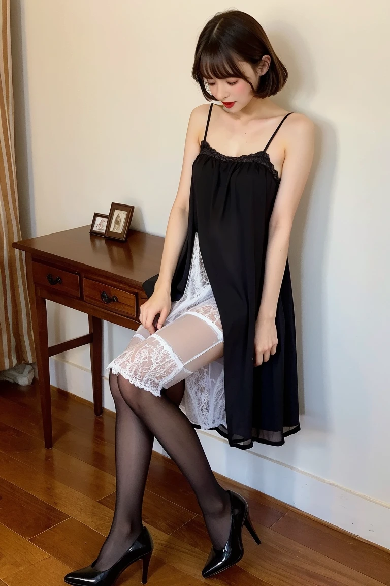 (8K、RAW Photos、Highest quality、masterpiece:1.2)、(Realistic、Realistic)、1 Girl、((Silk dress:1.2、Thin legs、whole body、View from the front、smile、Looking into the camera、Hold your skirt with both hands and show me your lace panties))、cute