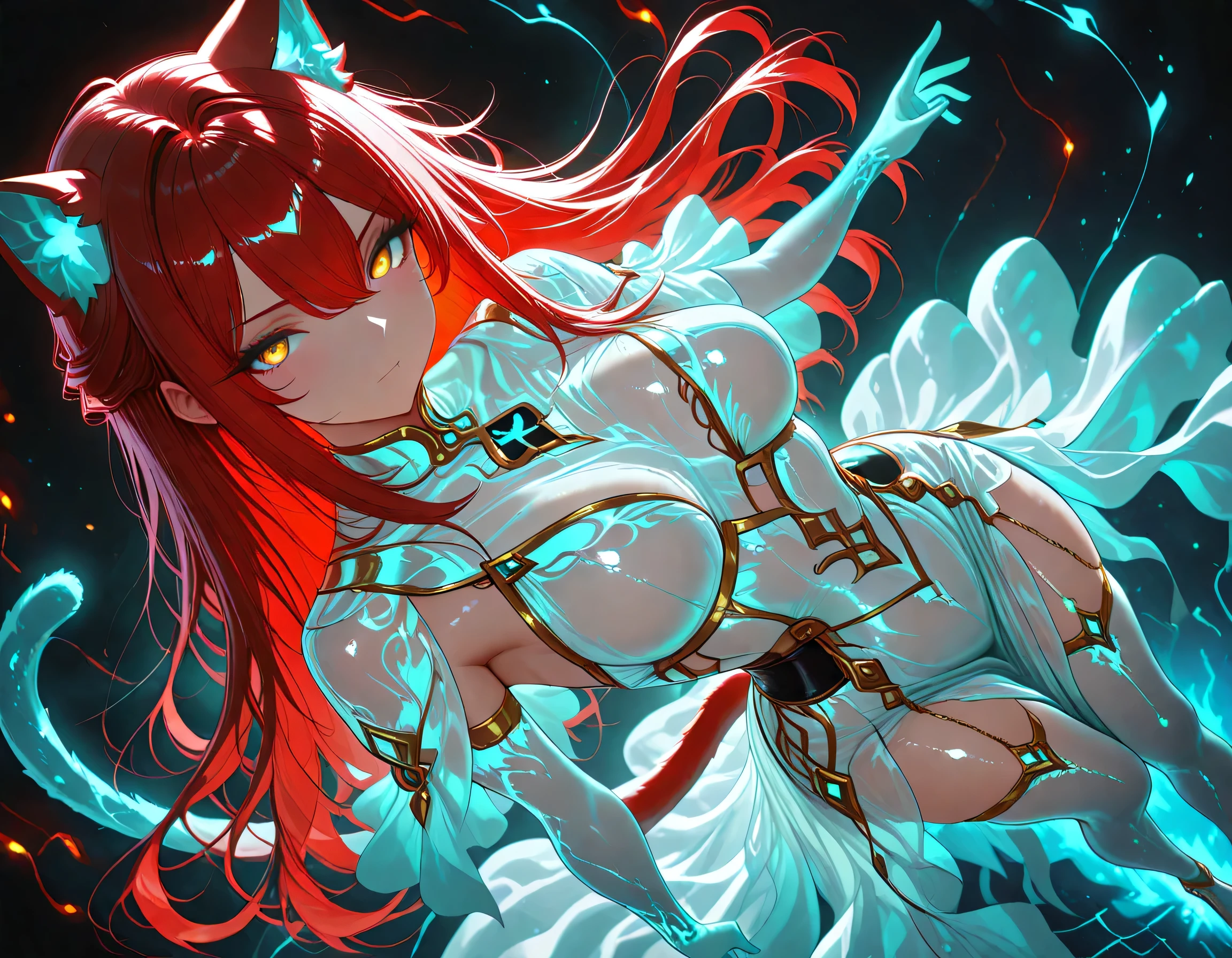 ancient egyptian, oasis in background, 1girl, golden eyes, red hair, very long hair, straight hair, long sidelocks, hair between eyes, medium breasts, petite, very cute, beautiful, cool, handsome, cat tail, cat ears, Side cutout, golden earings, curvy, unique slicked forward hair, Midnight, from above, underboob cutout
Masterpiece, cinematic lighting, cinematic angle, soft light, color detail, backlighting, Depth of field, long exposure, light steps, intricate colors, vibrant colors, (highly detailed), shiny_skin, intricate, vivid eyes, detailed eyes, long eyelashes, beautiful eyes, beautiful face, beautiful hair, white dress (SeE-ThRoUgH-OuTfIt), from above,bioluminescence, blue glow, cyan glow, green glow, red glow, monster girl, monster girl encyclopedia, ,contrast light, holographic colors, glowing line, luminescent colors, colorcor, aesthetics style, dark background, bioluminescent elements, magical light, glow bioluminescent elements, glow magical light, mystical atmosphere, captivating atmosphere, ethereal elements, exude charm and wonder, ((pose, dynamic pose, foreshortening)), , dynamic motion, dynamic composition, dynamic shot, dynamic angle, (((perspective)), foreground, blurry foreground,