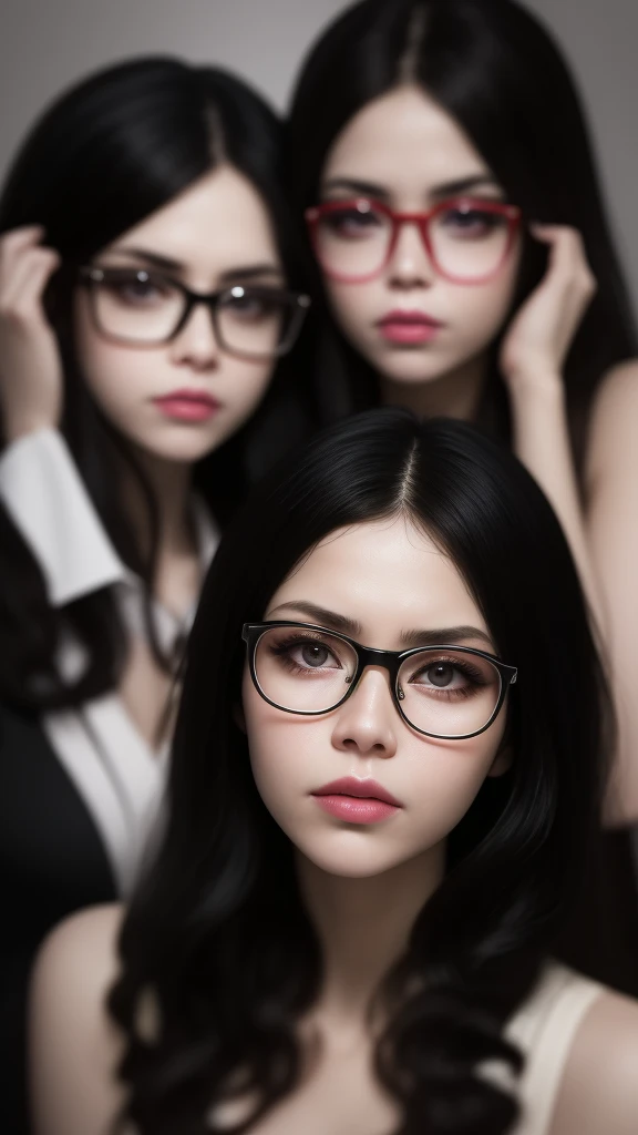 2 heads,Photo of a 30-year-old woman with brown hair, a captivating gaze, Brown eyes, blonde hair, glasses, Asian, Wrinkles on her face, Black pantyhose,Black High Heel Boots,She wears very sexy lingerie underwear、、Revealing her large sagging breasts, dark makeup and green lips. 32K