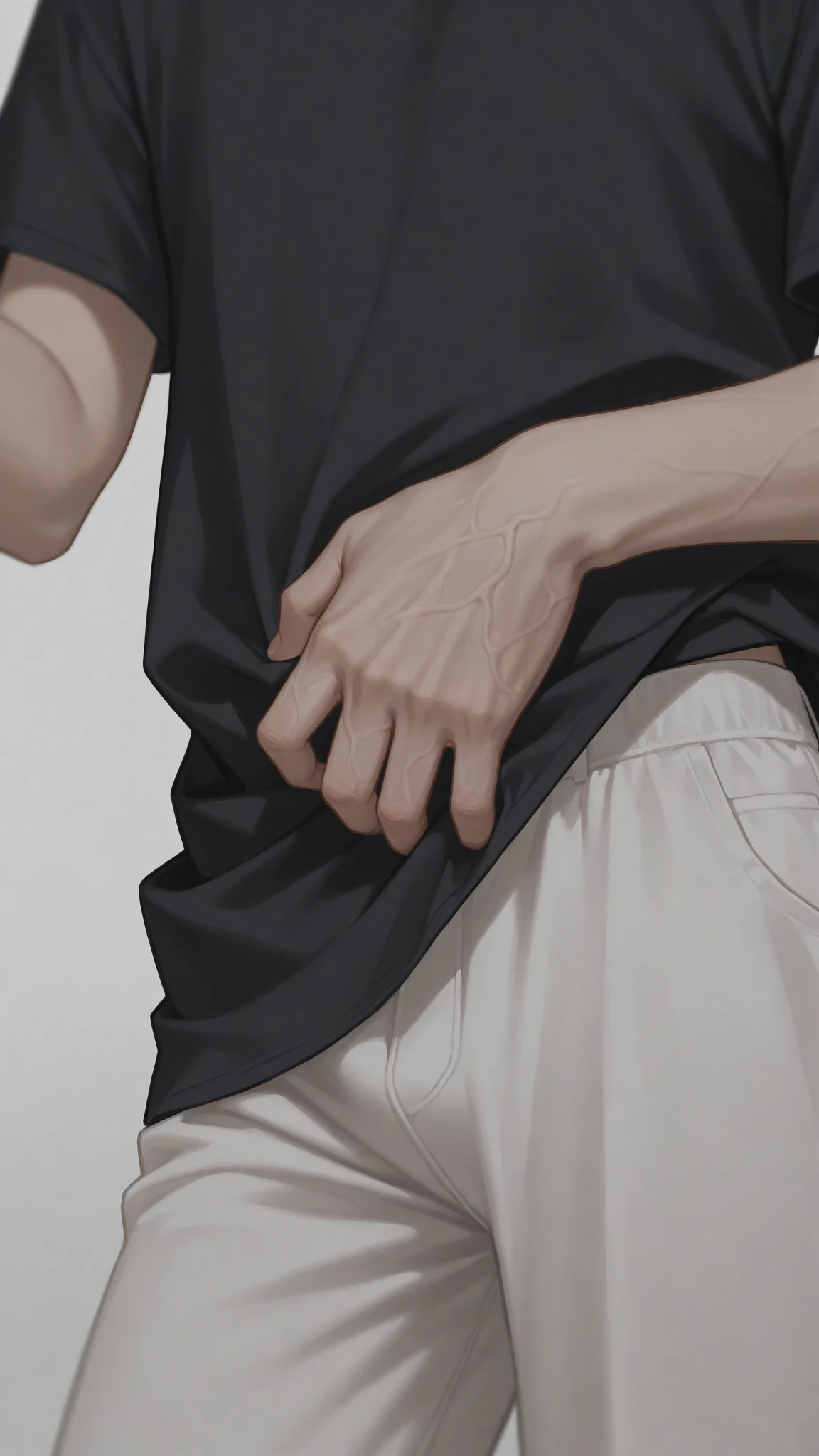 1man, Close-up of the lap of a man, crotch, lap focus, male only, gray sweatpants, white tank top
