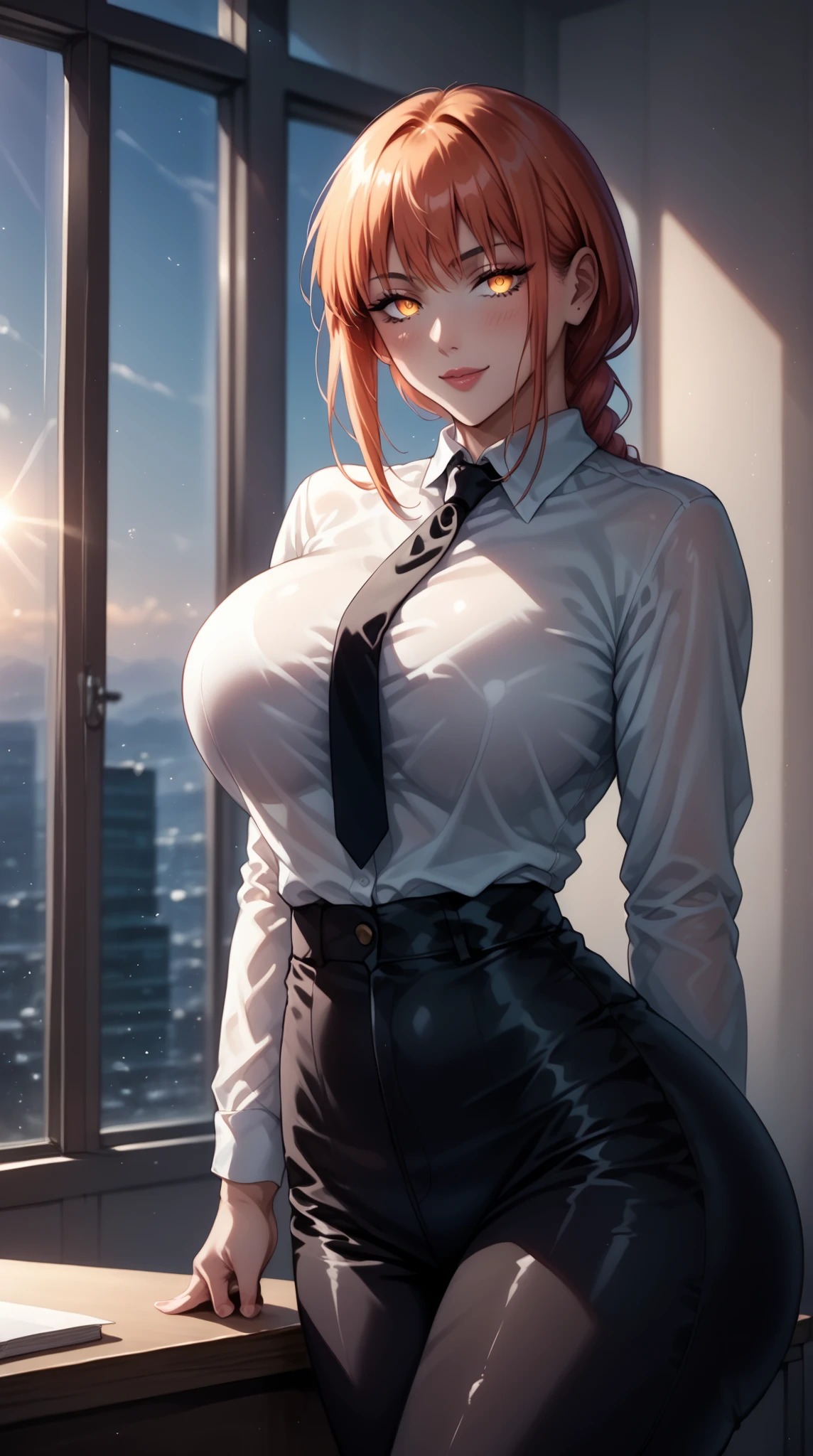 (masterpiece, best quality, detailed),1girl,rias gremory,red hair, ahoge, blue eyes, large breasts , sitting on a window sill holding a cell phone, (nfsw), seductive anime girl, office clothes, at pixiv, smooth anime cg art, oppai, on a desk,high resolution, (perfect hands, perfect anatomy),