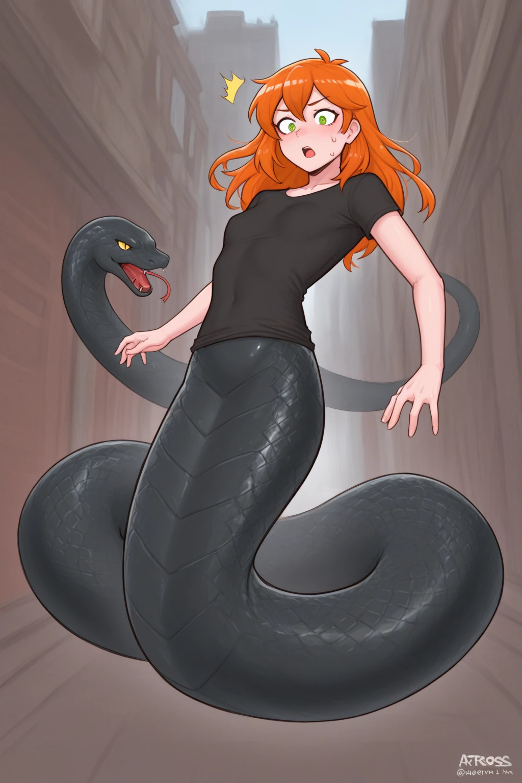 jeune femme serpent rouge, (outrageuse poitrine:1.4), sexy body, yeux humain, cheveux rouge, vêtement sexy, pose lancinante, fullbody, sexy.
