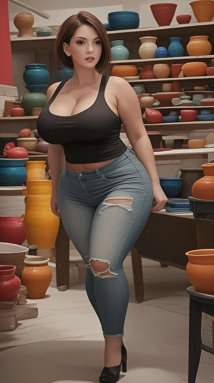 blue eyes, eyeshadow,eyelashes, pupils, eyebrows, nose, lips, smile, face, brown hair,messy bun,1girl,big breasts,mature woman,she is 35 years old,her breasts are big and saggy,braless,she wears a green loose t-shirt,short sleeves,cleavage,she got thick thighs,she wears a light blue skinny jeans,at the mall,full body view,