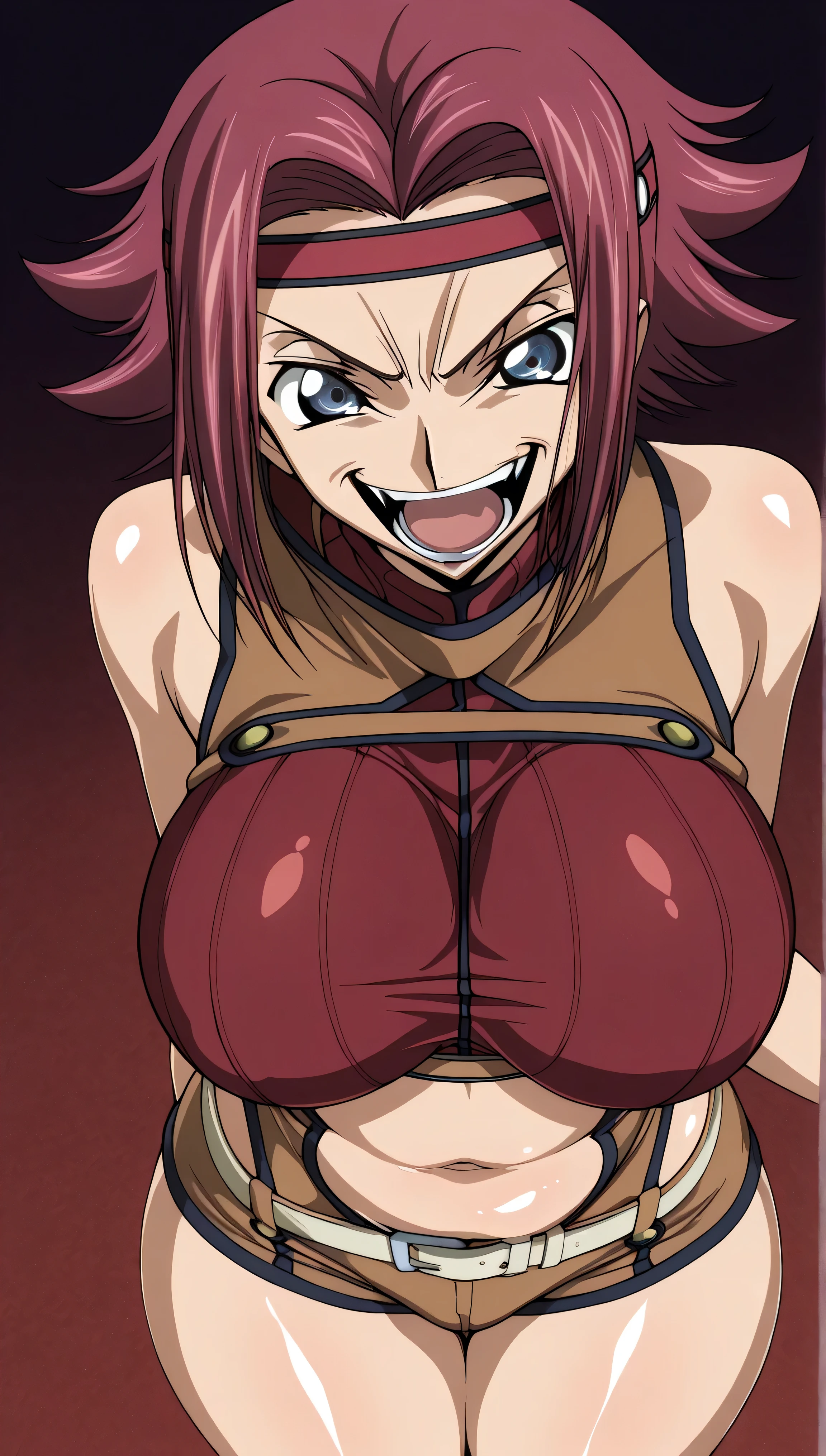 code gias: Lelouch of the Rebellion/Kallen Stadtfeld, blue eyes, Red hair, short hair,
Red hair, spiked hair, short hair, side lock, blue eyes, Red Headband, bare skin shoulders, red turtleneck from above, sleeveless turtleneck, Brown Jumpsuit, , belly button, White Belt, Brown Shorts, , Red thighs,, ,, stare at the viewer on your lips, , (shiny skin:1.5), ,big boobs,big thighs,,(evil laugh:1.5),stare at the viewer on your lips,anime style,High Quality,masterpiece,very detailed,0bc1w,1girl,solo,belly button,
