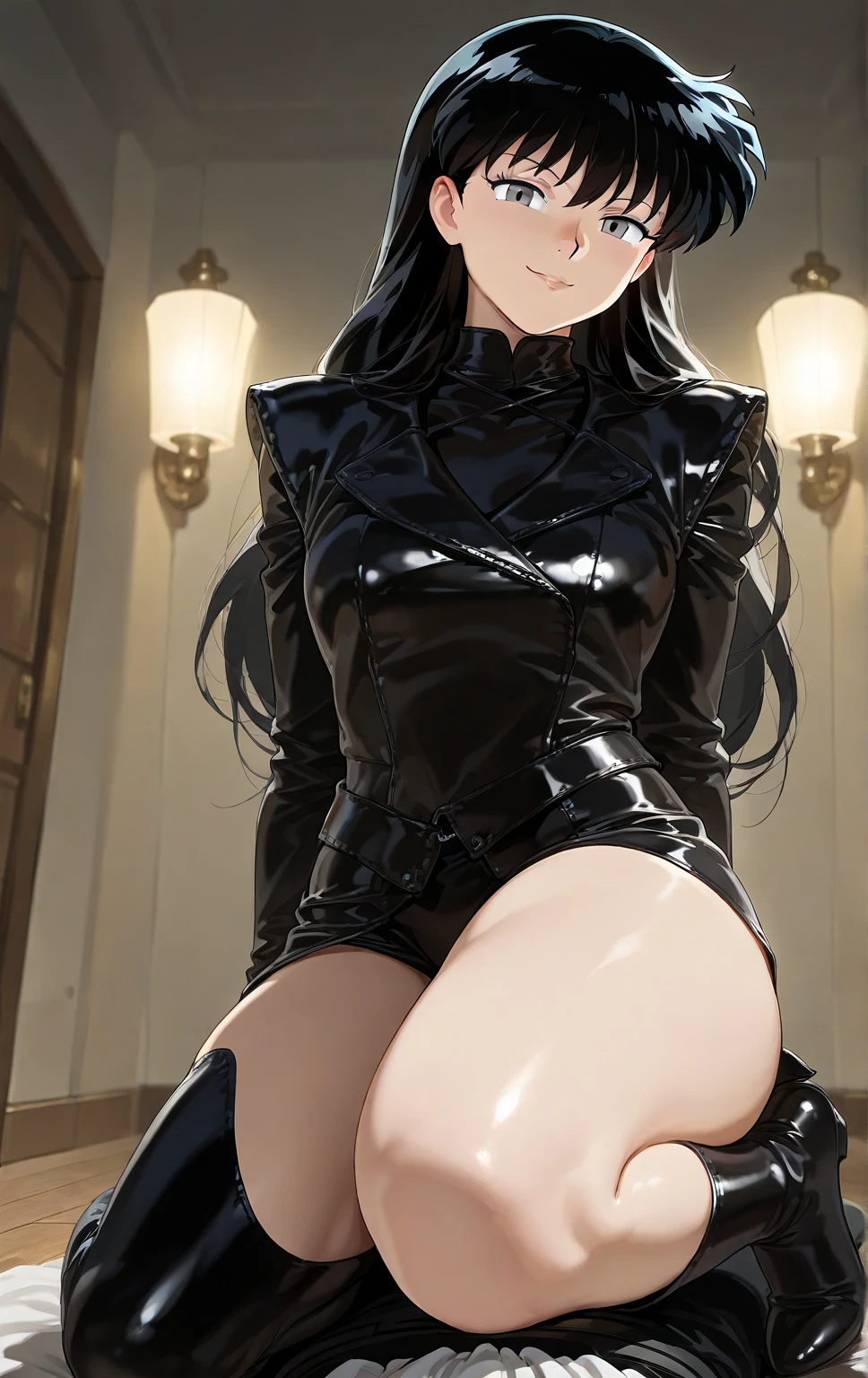 (masterpiece, best quality:1.2), (완벽한 face구도), 4K, high quality, 1 woman, alone, (((Kanna Hashimoto))), (white space with nothing), (((Lori))), (Leather boots), a look of contempt , flushing, looking at the viewer, ((face)), (naked), black long hair, ((Latex miniskirt)), (pussy), (((크게 foot기된 젖꼭지))), (((Very slender waist))), (short height), , (((Stand with your legs wider than your shoulders))), ((pussy 안쪽)), ((foot)), Spread your legs, (((perfect whole body))),
