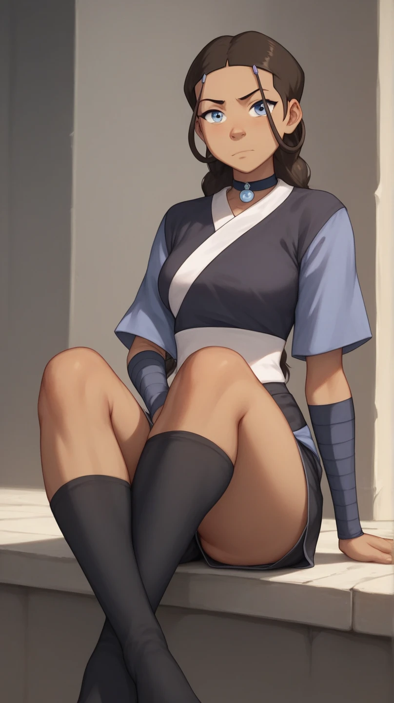 masterpiece, best quality, 1girl, katara, toned, dark skin, braid, jewelry, looking at viewer innocently, tiny white thin bikini, long legs, thong, thigh high socks, white sneakers, sunshine, no panties (blue eyes:0.6)