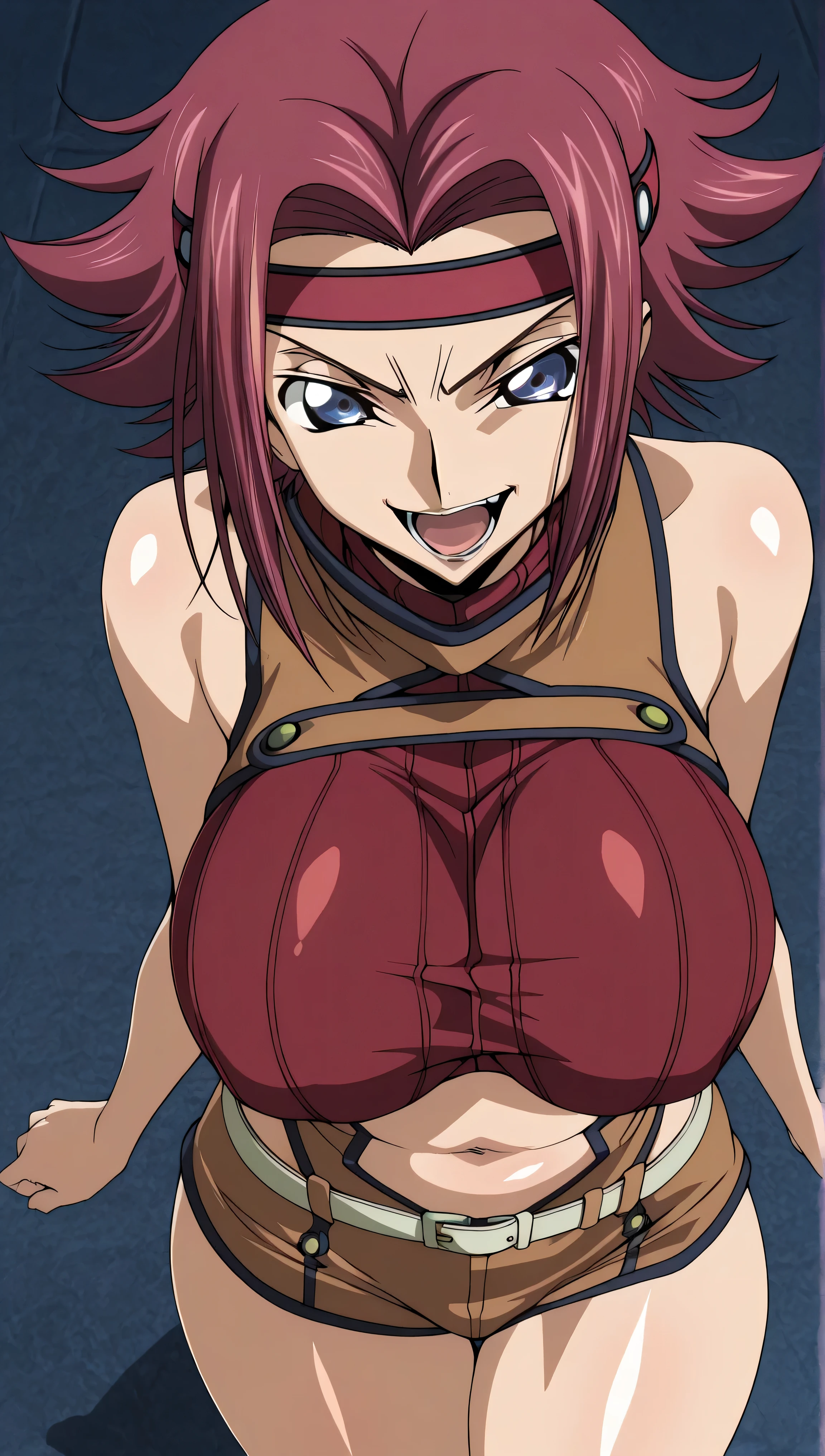 code gias: Lelouch of the Rebellion/Kallen Stadtfeld, blue eyes, Red hair, short hair,
Red hair, spiked hair, short hair, side lock, blue eyes, Red Headband, bare skin shoulders, red turtleneck from above, sleeveless turtleneck, Brown Jumpsuit, , belly button, White Belt, Brown Shorts, , Red thighs,, ,, stare at the viewer on your lips, , (shiny skin:1.5), ,big boobs,big thighs,,(evil laugh:1.3),stare at the viewer on your lips,anime style,High Quality,masterpiece,very detailed,0bc1w,1girl,solo,belly button,