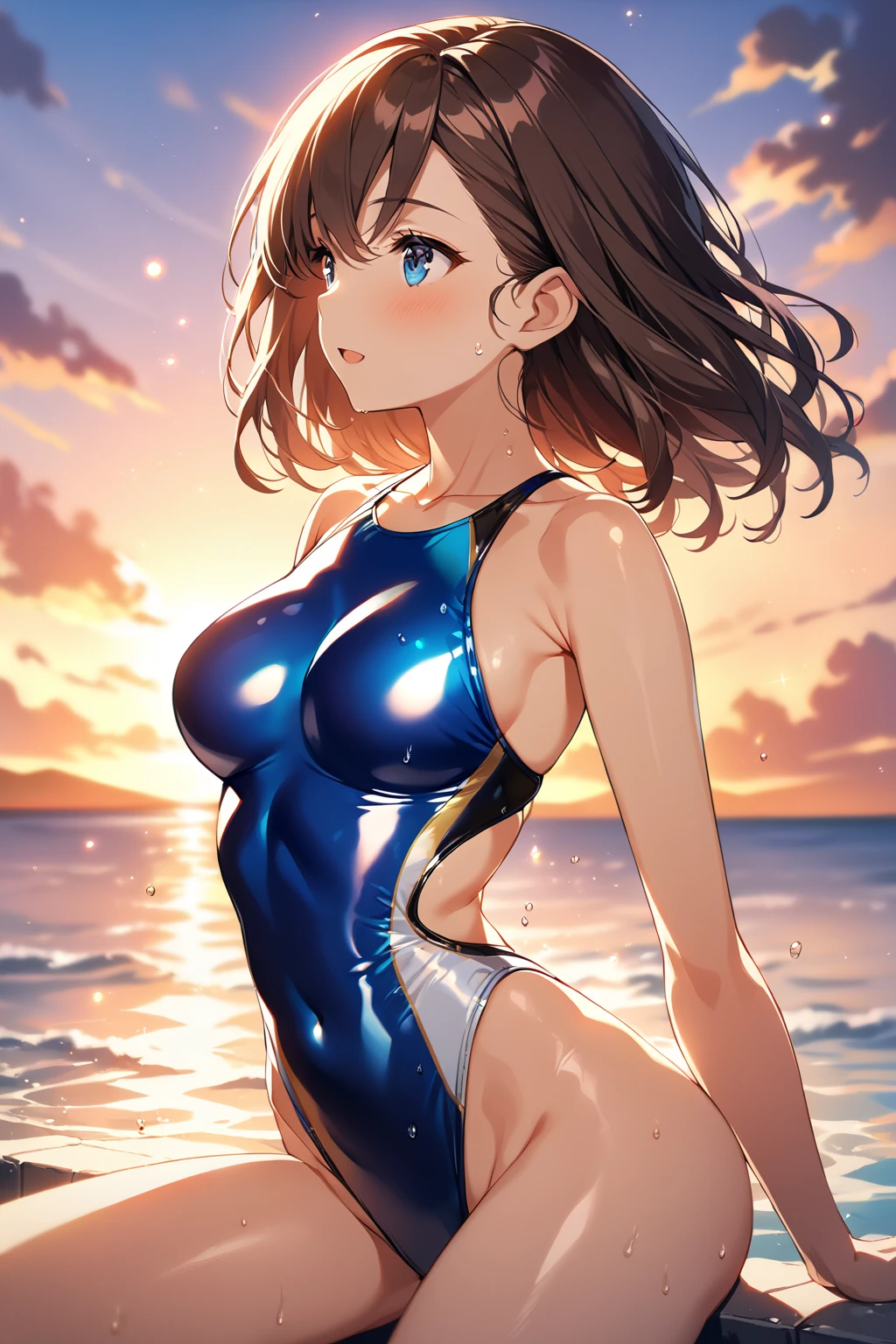 爆乳、huge tit、Huge breasts、Big ass、Tight leotards、a navel、Background sea、show the grinps、Hands on hips、Standing、open one's legs、The cutest beautiful girl