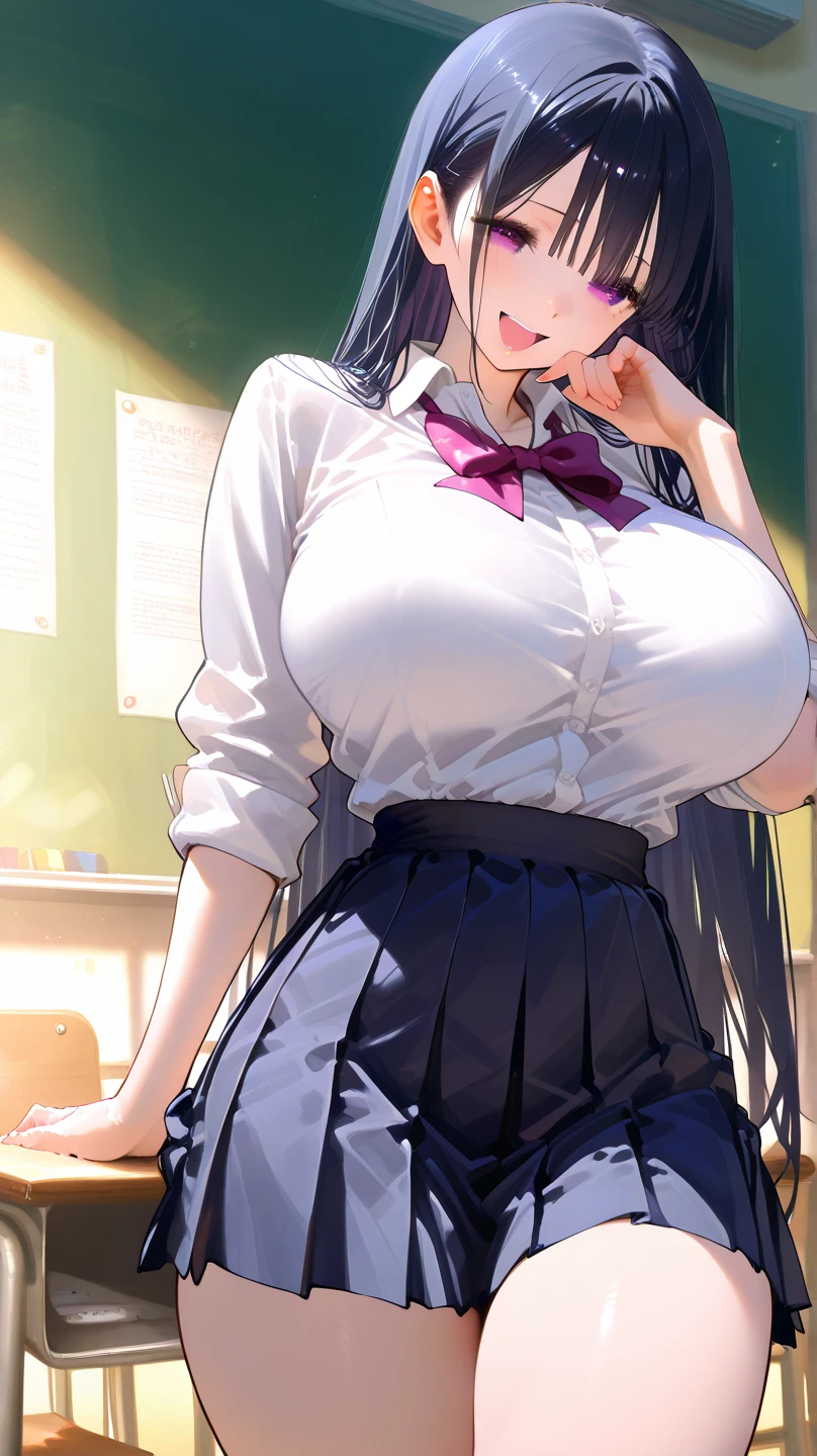 ((masterpiece)), (best quality), (detailed), (1girl), blue hair, blue eyes, updo, white shirt, black dress, looking down on the audience