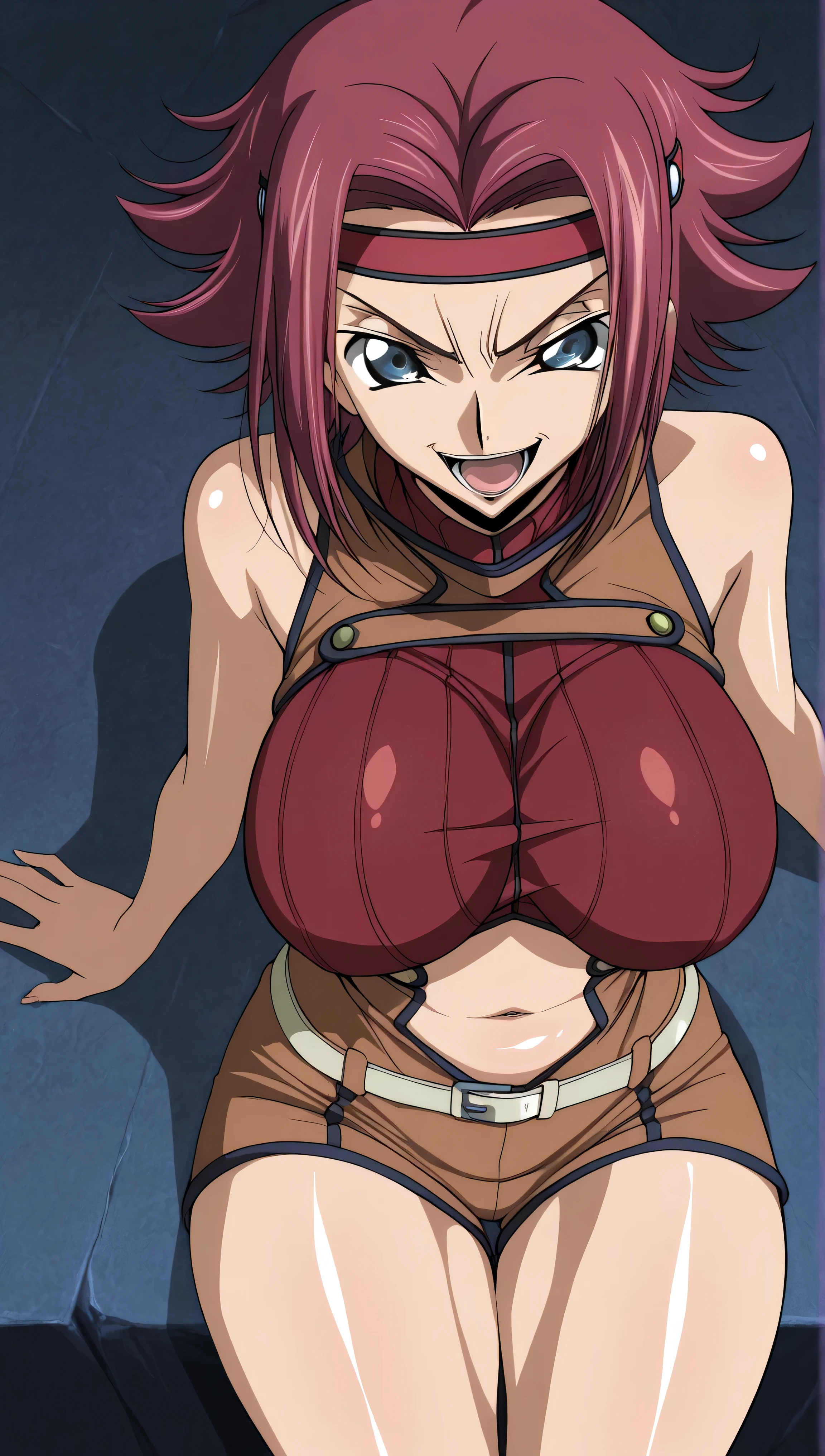 code gias: Lelouch of the Rebellion/Kallen Stadtfeld, blue eyes, Red hair, short hair,
Red hair, spiked hair, short hair, side lock, blue eyes, Red Headband, bare skin shoulders, red turtleneck from above, sleeveless turtleneck, Brown Jumpsuit, , belly button, White Belt, Brown Shorts, , Red thighs,, ,, stare at the viewer on your lips, , (shiny skin:1.5), ,big boobs,big thighs,,(evil laugh:1.3),stare at the viewer on your lips,anime style,High Quality,masterpiece,very detailed,0bc1w,1girl,solo,belly button,