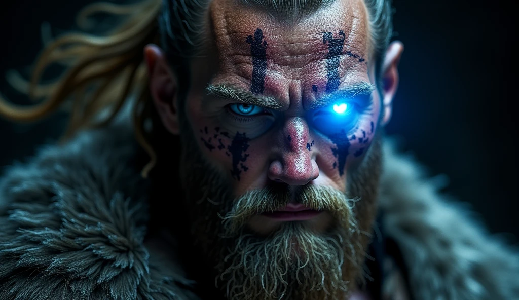 The most vicious viking warrior king, blonde hair, glowing blue eyes, highly detailed viking battle armor, holding a battle axe, tattoos and piercings, blood splattered, post apocalyptic winter world, perfect masterpiece, high quality, high resolution