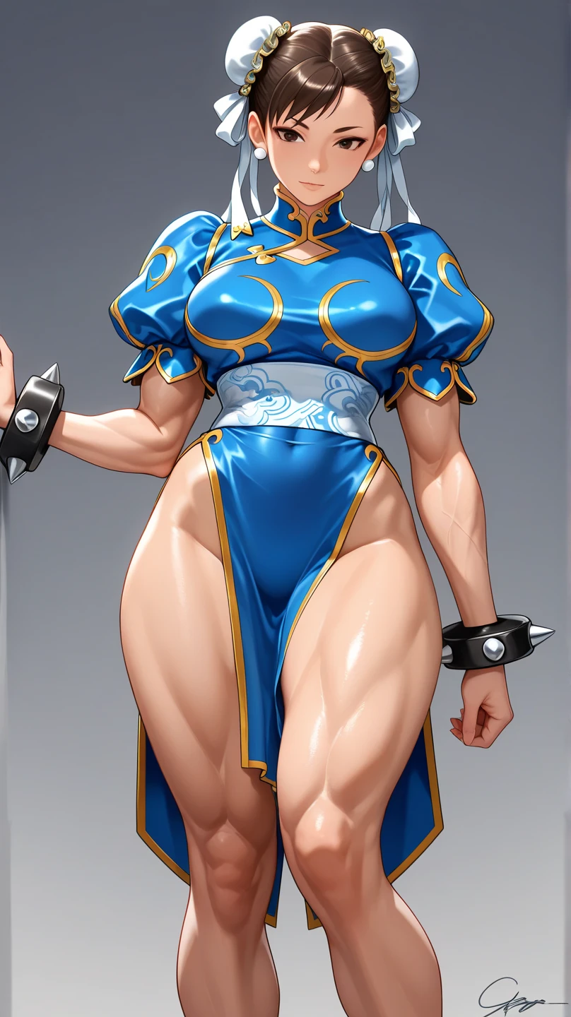 Una chica, Chun Li, voluptuosa, muslos grandes, pezones duros, cejas gruesas, grande trasero, grande cintura, grandes senos, muy feliz, oficinista con ropa corta, sexy, obra maestra,