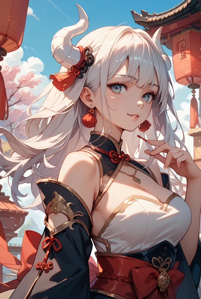 (((masterpiece, best quality))), (((superior quality))), cute girl, ((extremely detailed girl)), (huge breasts), ((kimono)), (bare shoulders), strapless top, slight smile