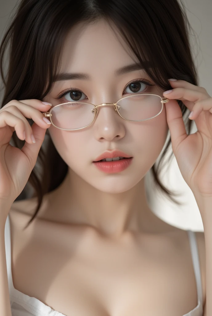 elegant woman, beautiful detailed eyes, beautiful detailed lips, extremely detailed eyes and face, long eyelashes, slender body, thin face, delicate features, flawless porcelain skin, glistening sweat, ultra-thin hands, ultra-fine fingers, best ratio four finger and one thumb, realistic, oversized T-shirt, mini skirt, one-person viewpoint, Fuji Film, F/1.2, 8K, masterpiece, nffsw, super detail, high quality, best quality, high resolution, glasses, mole under right eye, gravure pose, natural hand pose
