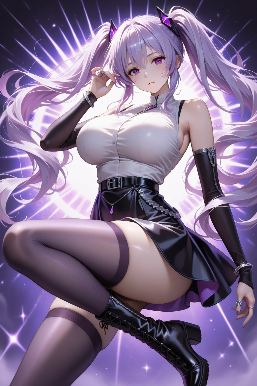 Defined woman's body, thick thighs, short underwear, short, curly hair, white with purple and blue gradient at the ends, blue eyes. She has white fox ears and tail.