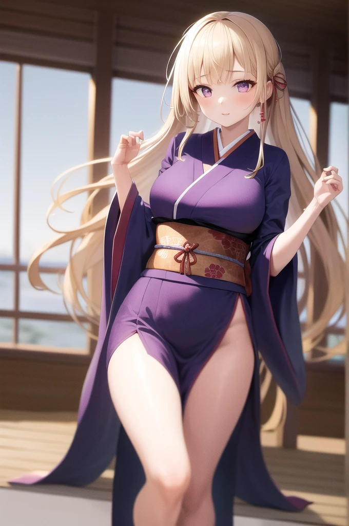 masterpiece, best quality, highres, high_definition, very long hair, a hotel, 1girl, solo, a woman in a sexy dress, sexy pose, blush, little smile, bangs, hair_between_eyes, purple eyes, blond hair, ponytail, medium_breasts, sexy, seductive pose, sexy pose, very long hair, Lying in bed, lingerie, sexy lingerie, yukata, touching breast,