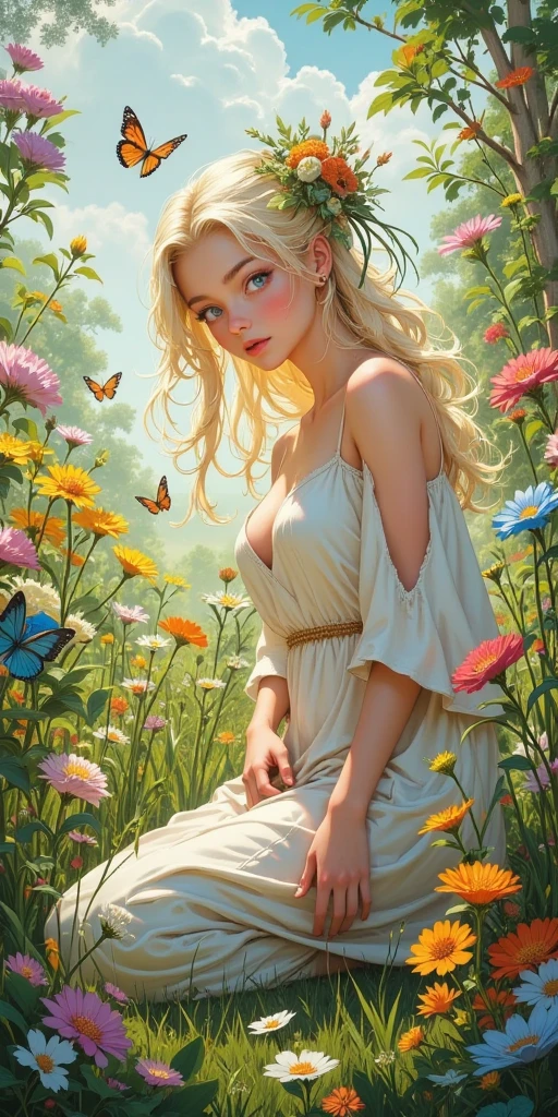 Masterpiece, most beautiful twenty years sweden blond fantasy peasant woman, long wavy hair, perfection, simple cute light white sundress, fit, strong, elegant, confident, soothing, slightly happy, sensual, powerful, kneeling in a grass field, spring, sunset, slight wind, epic shot, scenic lighting, girl-next-door, medieval fantasy setting, perfect round perky big breasts, perfect tits, deep cleavage, lace, green emerald beautiful eyes, surrounded by magical gold and purple butterflies and energy magical sparkles