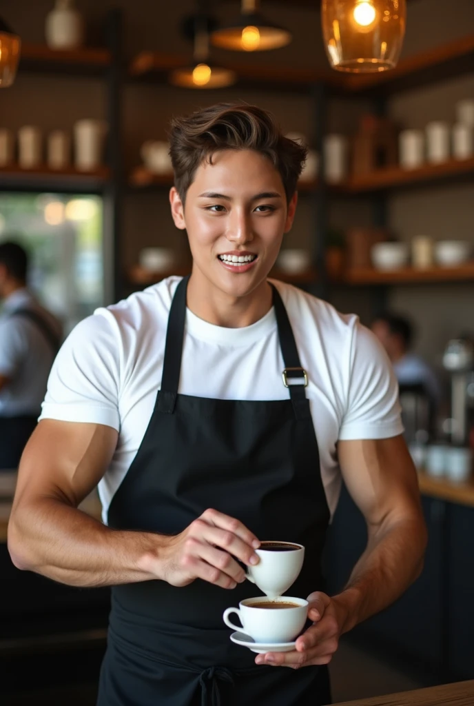 photorealistic, best quality, masterpiece, extremely detailed, very sexy, very homoerotic, extremely handsome, 30 year old muscular filipino man, (muscular bodybuilder), wearing only apron, holds out steaming cup of coffee towards camera, smiling, in kitchen, extremely romantic atmosphere, perfect face, perfect fingers, perfect hands, perfection