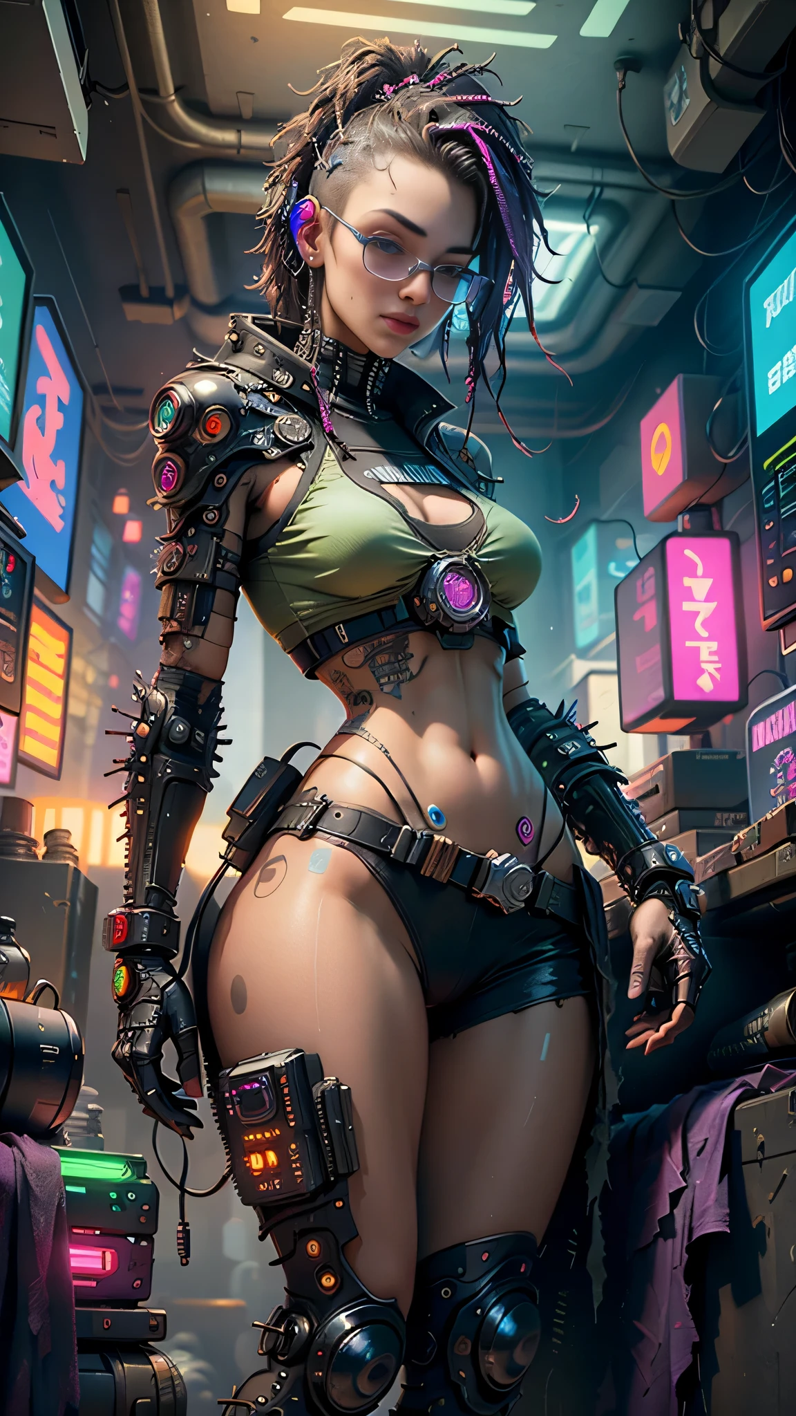((Best quality)), ((masterpiece)), (highly detailed:1.3), 3D, beautiful (cyberpunk:1.3) hacker woman with thick voluminous hair operating a computer terminal