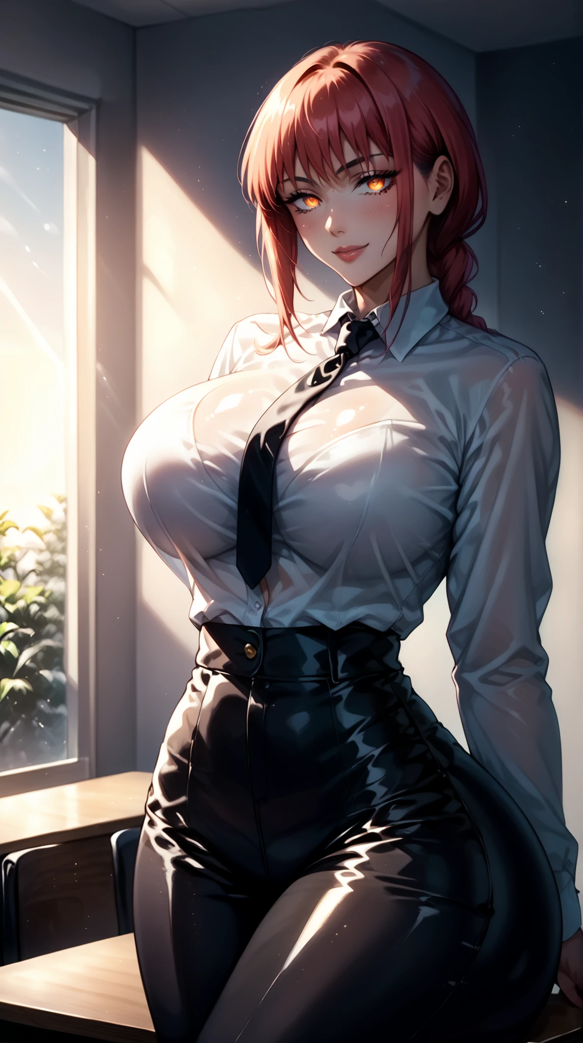 (view from back) woman Lying on stomach with hands propping up head, (shirt, tie, pants:0.5) (detailed realistic face), (((hyperdetailed))), zoomed out, symmetrical face, detailed pupil, expressive eyes, makeup, real photography, modern look, Real photography (Realisitc:1.5)  slim thick bimbo, Transparent Clothes, big breast