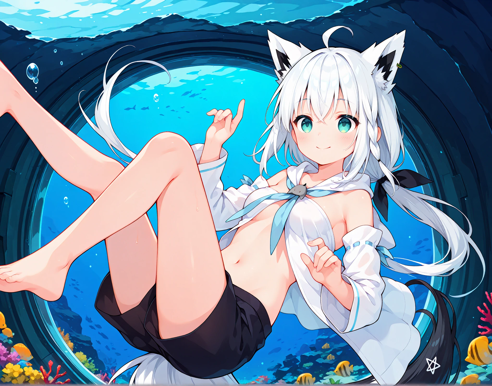 (masterpiece,best quality,very aesthetic),(disheveled hair)(ultra-detailed),high saturation,1girl,18yo,solo,curvy,short stature,a platinum blonde fox tail,large breasts,(platinum blonde fox ears),short hair,platinum blonde hair,beautiful face,(messy hair),(disheveled hair),hair intakes,(fusion of gray kimono and white slingshot swimsuit with black frills,Layered clothing with orange on both sides and black on the inside:1.2),bare legs,(cameltoe:0.8),enjoyable,alluring smile,(smirk:0.8),brown foxy eyes,BREAK,ocean,under water,swimming in the ocean,bubble,tropical fish,(cheek squash,holding own breath),cowboy shot,from below,from under water,on stomach