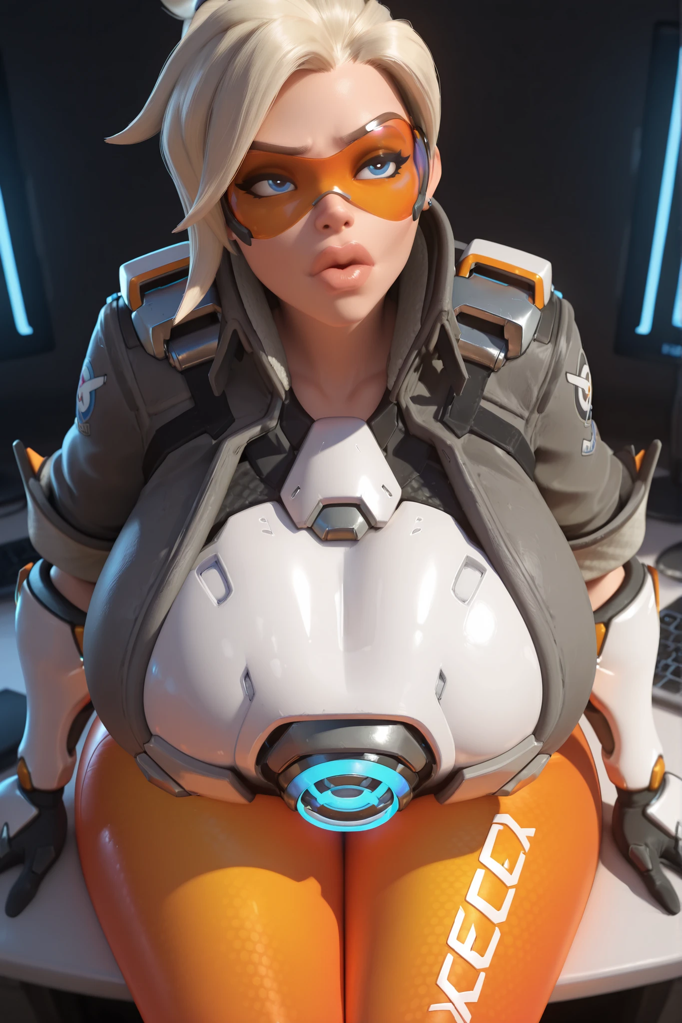 girl, (((big tits))), shaking hands, (((playing video games with a joystick))), headphones with microphone, sitting on a gamer chair, ((((neon lights)))), Nude, ((big tits)), ((body oiled)), back view