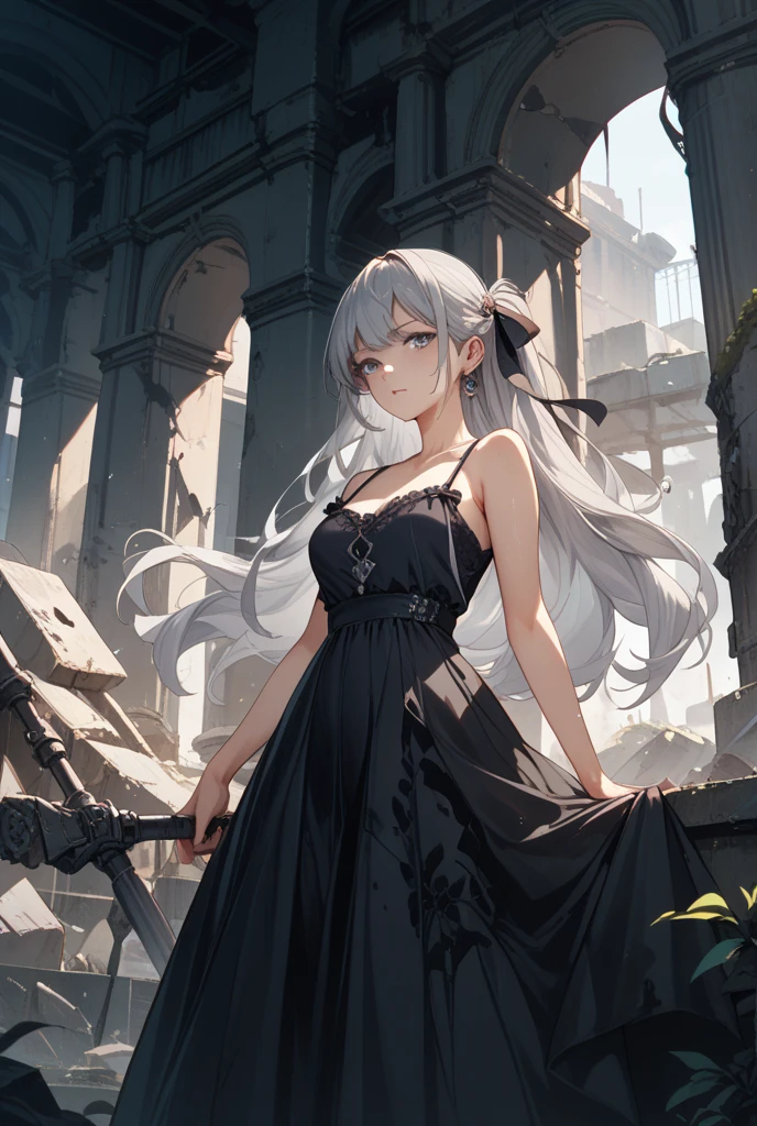 (​masterpiece: 1.4), (top-quality: 1.4), (hight resolution: 1.4), White Dilundor Dress, mile, The long-haired, look at viewr, Black Long Sleeve Tunic, Shoulder Bag, outside of house, Seios Enormes,big breasts thin waist, wide  hips, thick thight, big butts, Sink curve, Low-cut clothes, Focus on the female face, Erotic