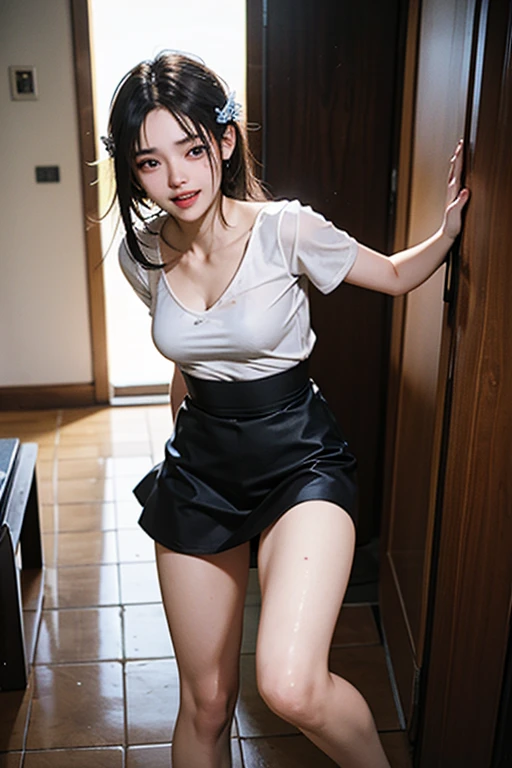 estrus，No underwear，White socks，Shy，urination，Damp top，Shy face，Waist-length hair，Tongue sticking out，Blushing face，Looking up，Damaged clothes，Wearing a short skirt，Expose，Lift up the skirt with your hands，Wearing a wet breast wrap，