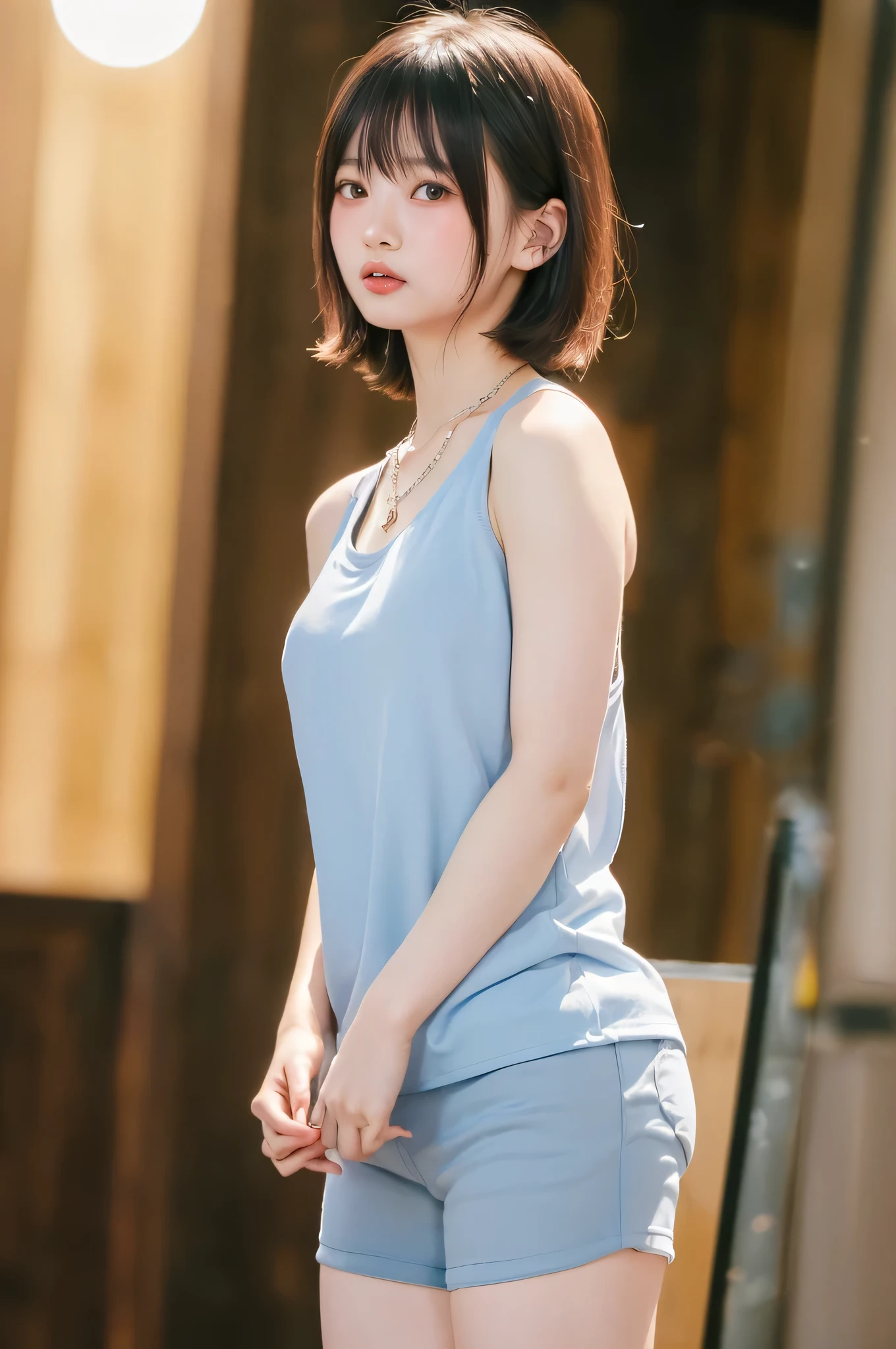 (top quality、8k、32K、masterpiece)、(realistic)、(realistic:1.2)、(high resolution)、very detailed、very pretty face and eyes、1 、round face、tight waist、Delicate Body、(close、top quality、attention to detail、rich skin details)、(top quality、8k、oil:1.2)、(realistic、realistic:1.37)、bright color、(((I am blonde)))、(((cowboy shot)))、(((short hair)))、(((embarrassed expression)))、(((my cheeks are flushing)))、(((I'm laughing bashfully )))、(((blond hair)))、(((It's a tank top)))、(((I'm wearing a blue tank top)))、(((sweaty skin by SJRW)))、(((私はblond hairです)))、(((I'm wearing a blue tank top)))、(((I have bangs)))、(((crescent moon necklace)))、(((I'm touching my cheek)))、(((I'm in the frame)))、(((I'm embarrassed)))、(((bewitching expression)))