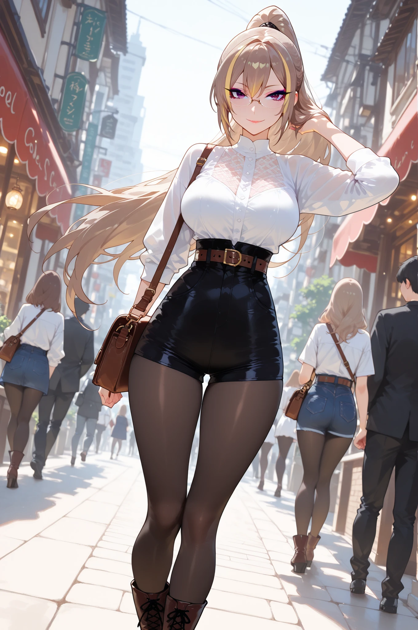 absurd, 8K, high resolution, Ultra-detailliert, beautiful, Meisterwerk, best quality, very pretty woman, Jung, blondes Haar, (Immobilienmakler1.6), schwarzer Rock, Rosa Strumpfhose, White blouse, (very large breasts:1.4), hair above one eye, stehend mit angewinkelten Beinen, detailliertes Frauengesicht, Sehr attraktiv,