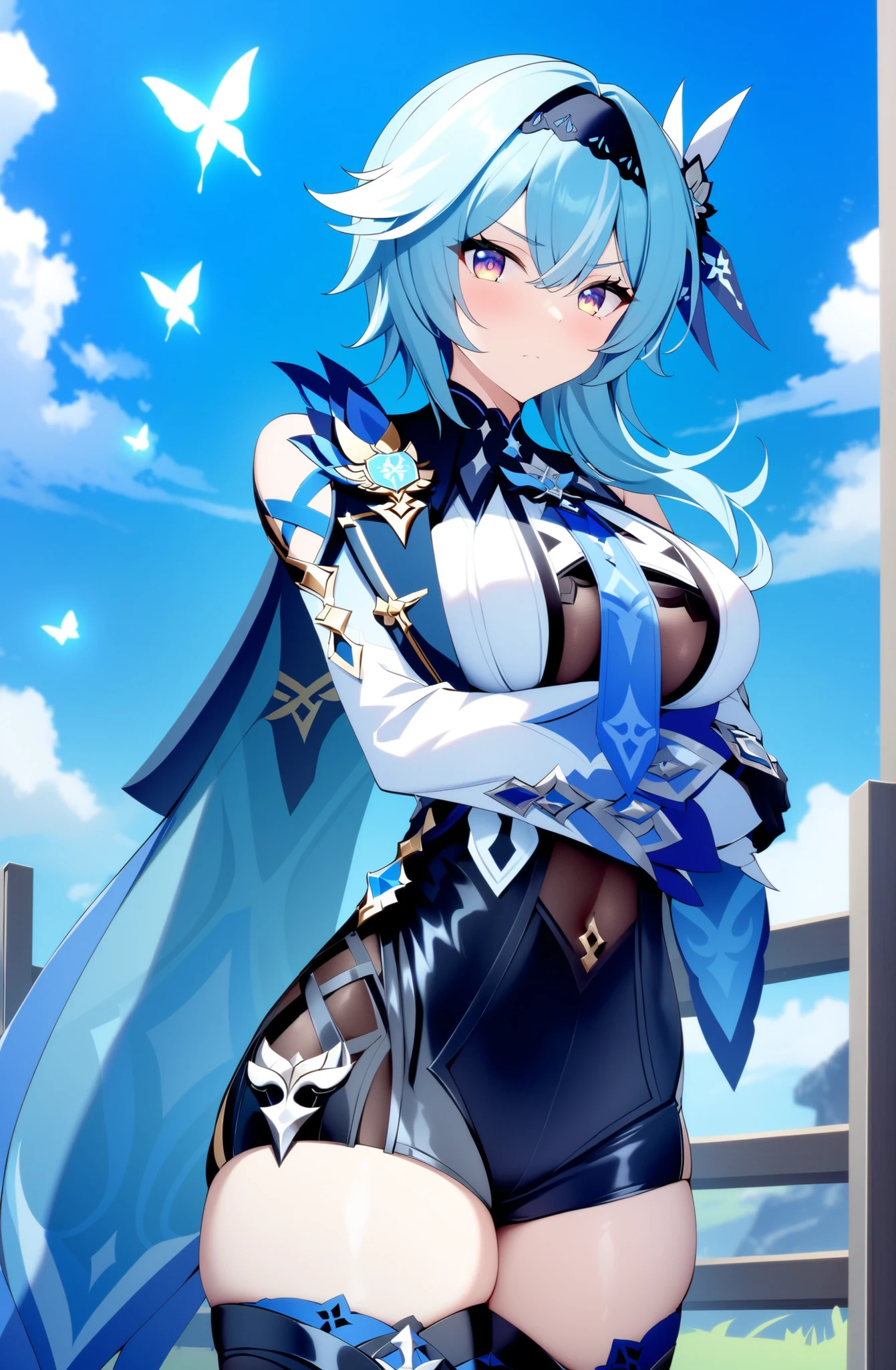masterpiece,score_9, score_8_up, score_7_up, source_anime,1girl,eula_(genshin_impact),crossed arms,asymmetrical_hair,black_hairband,black_headband,black_leotard,blue_cape,blue_hair,blue_necktie,breasts,butterfly_hair_ornament,cape,closed_mouth,gradient_eyes,hair_ornament,hairband,headband,high-waist_shorts,large_breasts,leotard,looking_at_viewer,medium_hair,multicolored_eyes,necktie,outdoors,shorts,sky,clear face,solo,thighhighs focus,