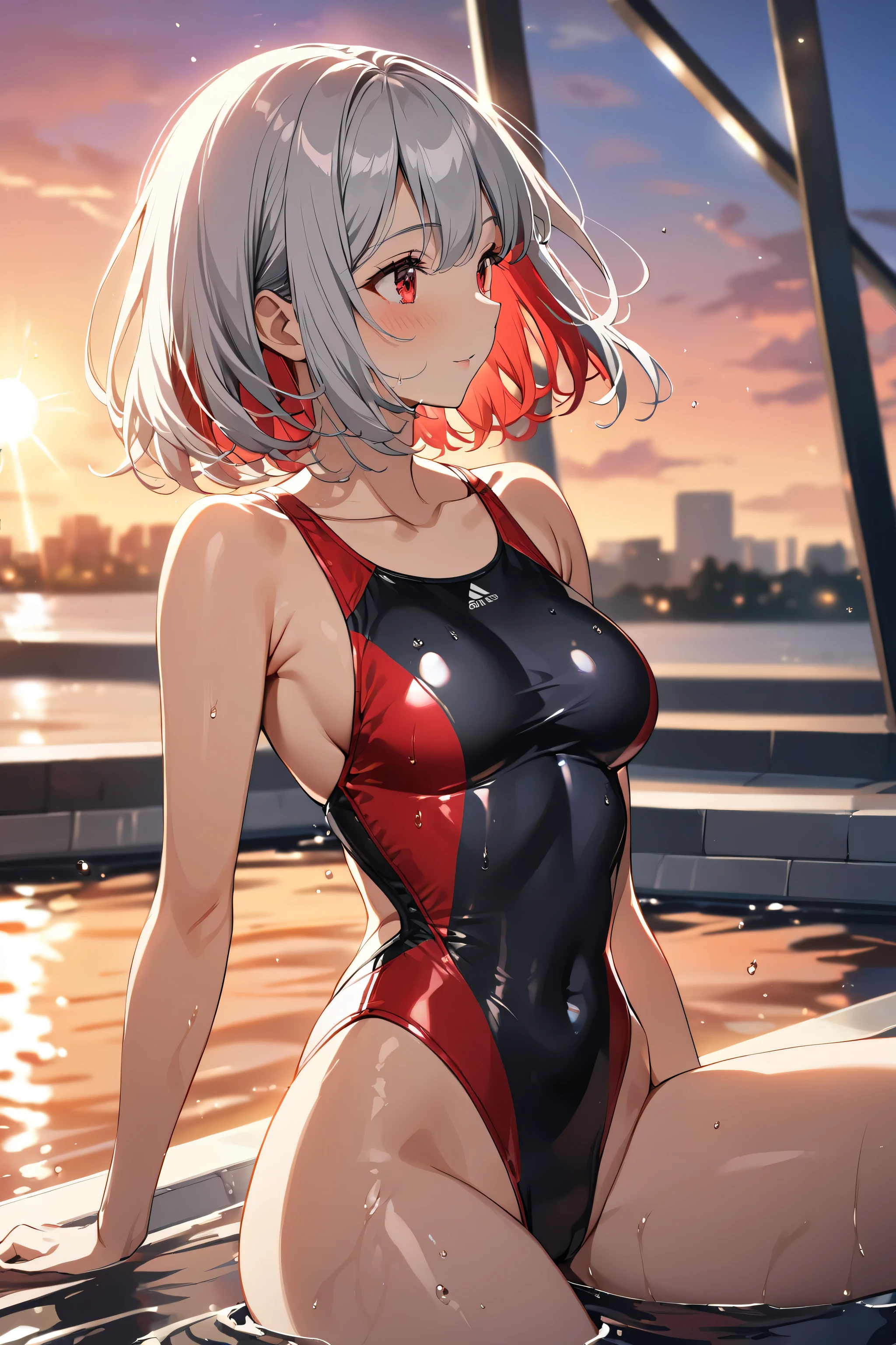 ((((masterpiece, best quality, high resolution)))), 1girl, white hair, red eyes, short wavy hair, average breasts, blush, light smile, parted lips, glow, thighs, bare shoulders, collarbone, narrow waist, cleavage, (beautiful detailed face, beautiful detailed eyes), volleyball uniform, sweat, dripping wet, wet clothes, see-through, volleyball court