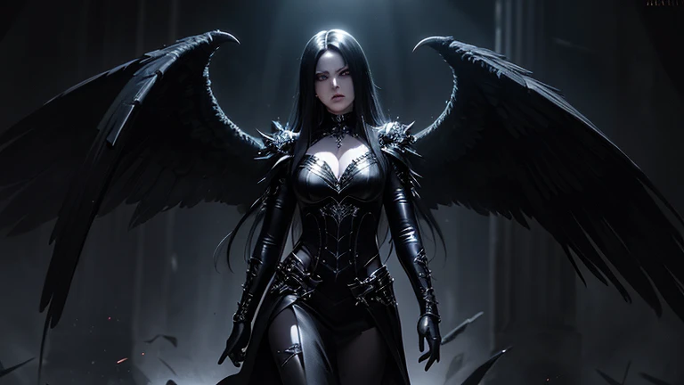 masterpiece, best quality, Woman, black hair, angel of death, innocent, Sapphire eyes, diadem, angel wings, black clothes, full body, arms behind back, sky, halo, post-apocalypse, by (ccdht artstyle:1.1)