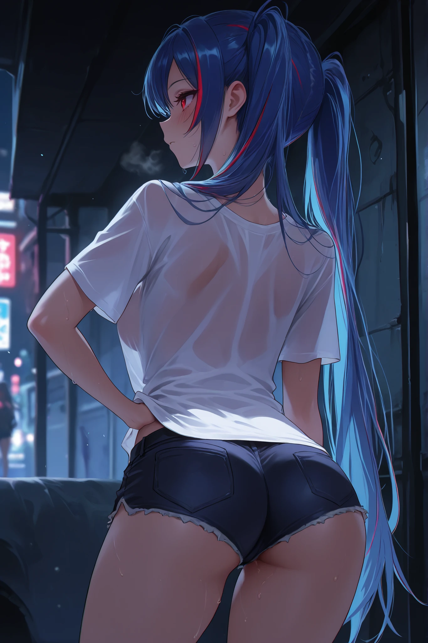 Dratena Belbury , masterpiece , best quality , amazing quality , 1girl , NSFW , chromatic aberration , very long hair , twintails , red eyes , breasts, Back view, no face visible, looking forward, Tokyo at night, they are at night, dark, white T-shirt, Short shorts, red streaked hair , blue hair, middle breasts, extremely detailed face , detailed eyes , Greatest Masterpiece , TOP QUALITY , 8k ,