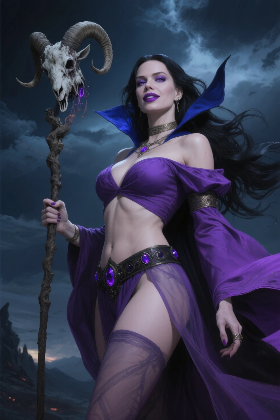 (masterpiece, top quality, best quality, official art, beautiful and aesthetic:1.2), (1girl:1.3), ((long black hair)), (((pale purple skin, pale blue skin, blue skin, purple skin))), extremely detailed, portrait, looking at viewer, solo, (full body:0.6), detailed background, close up, (cold night mountain theme:1.1), dark elf war dancer, charlatan, smirk, mysterious, swaying in mountains, skimpy attire, revealing gladiatrix costume, gold bikini, cowl, metal bikini, long boots, dual knives, violet fabric, black leather, ((gigantic breasts), skindentation, cleavage), slim waist, slim hips, long legs, medieval (mountain exterior:1.1) background, dark mysterious lighting, shadows, magical atmosphere, dutch angle
