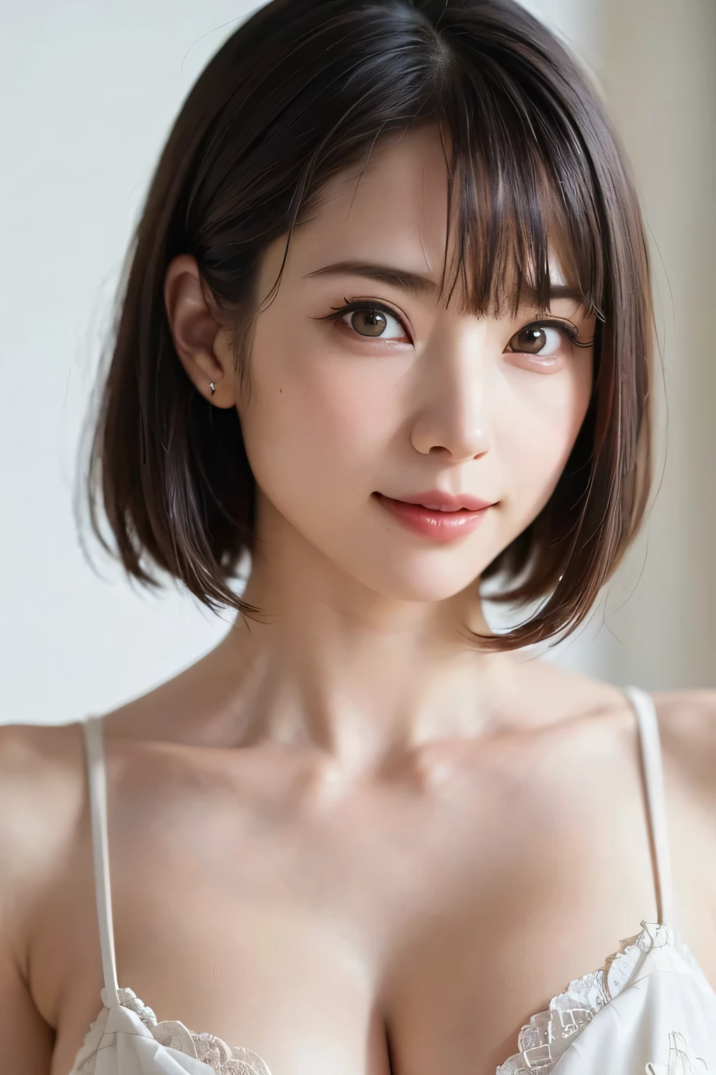 1 girl、highest quality、Realistic、alone、Written boundary depth、Natural soft light、Daytime、charm、Beautiful Face、Cleanliness、Pure Face、White skin、cute、short hair、bright hazel eyes:1.6、Beautiful Lips、bangs、Beach、Light of the sun、Nedium Breast Body Esbian、((黄金比のBeautiful Face、 対称性のあるBeautiful Face))、Long neck、show me your ears、Stick out your ears。bangsのあるきれいな短いボブヘア、smile with your mouth closed、Perfect hands指、Perfect hands、Perfect body、Perfect Face、Shine a light into your eyes、Perfect Anatomy:1.6、とてもcuteスーパーモデル:1.6、{Huge|big|Hugeな|Mega} chest, chestの谷間、smile:1.6、Very beautiful teeth:1.6