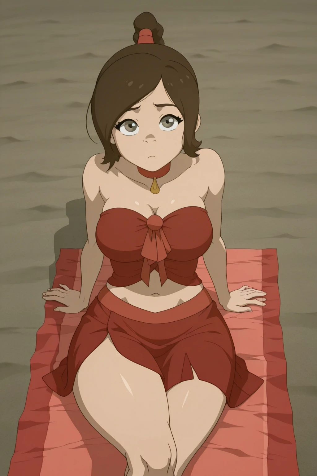 tylee, 1girl, white clothes, full body, sitting, navel, belly, drawing, 2d, cute, cleavage, legs, skinny, sexy, beach, looking away, dutch shot from above