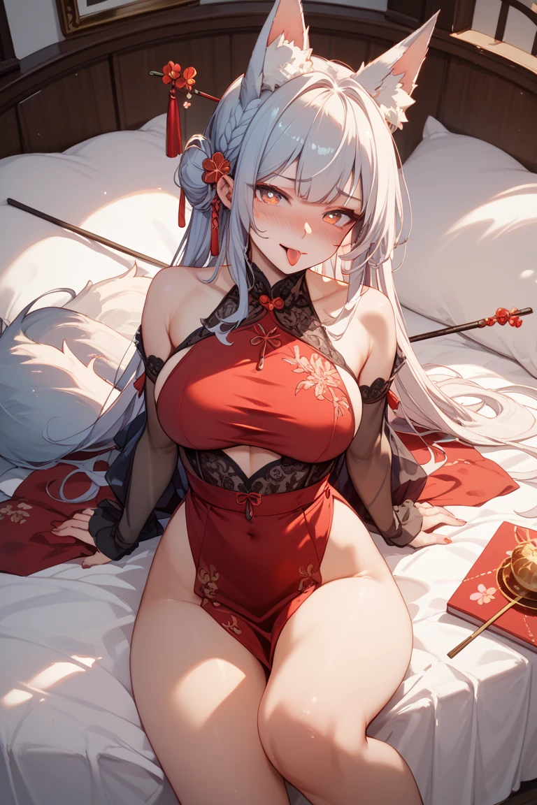 A female empress, white-haired, with yellow eyes, red nails, showing breasts, legs open showing pussy, with an angry face and a provocative look, mouth open with tongue out. Wearing traditional Chinese imperial clothing, decorated in gold with black details, with red Hanafuda earrings, with a short red skirt. Kneeling on a hotel room bed with the sunset at the window in the background.