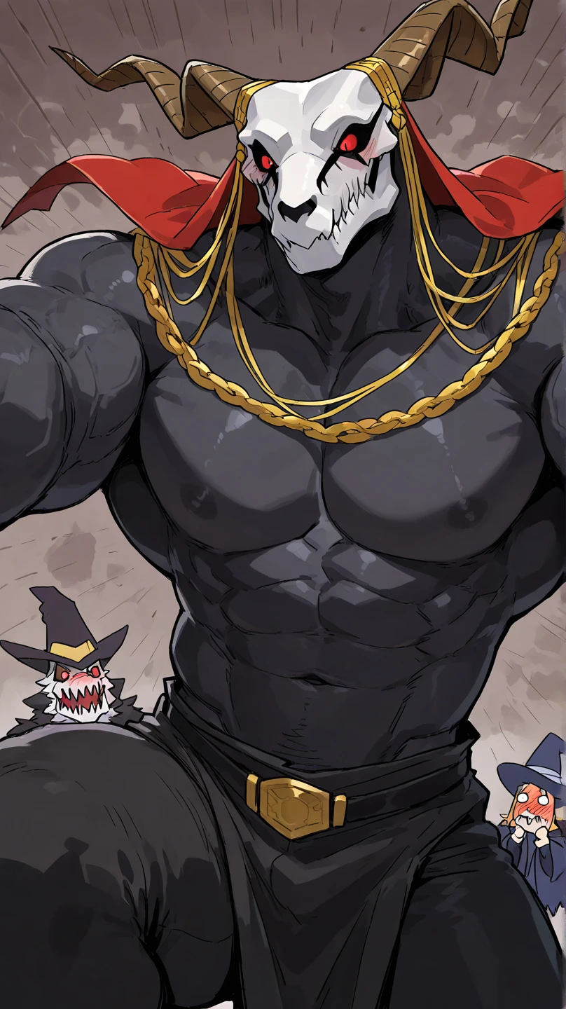 (by zackary911, anime) anthropomorphic, solo, human anatomy, skinny muscles, lean, fit body, naked, nude, abs, biceps, adult, tall, mature, anthro, lean, anime, (elias ainsworth, horns, skull mask, canine skull, red eyes), (shirtless, pants, veil, black coat, cape, belt)