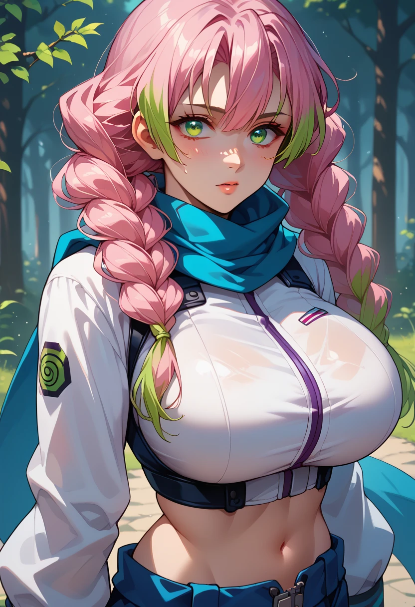 naruto uniform,breastsout,white skin athlete body,long light pink hair,