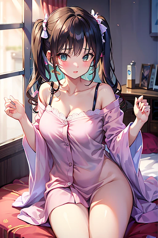 Masterpiece, Best quality, a pregirl，Pink top，C cup，blue long hair，Hair hanging down to the chest，sit on chair，In the bedroom，Microphone in hand