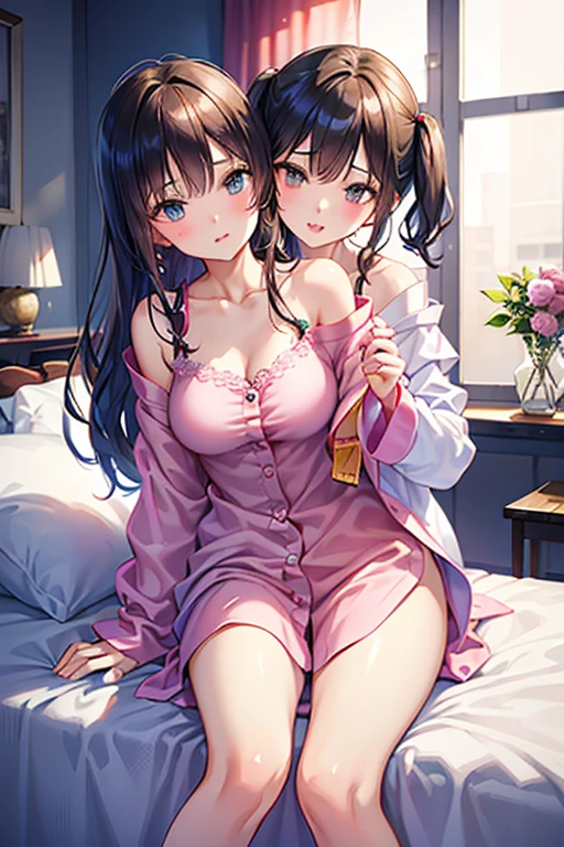 2 heads, a tall skinny woman with 2 heads. In a bedroom with a window. Sitting on a bed. Spreading legs. Big breasts, three legs. Thin gorgeous face. Wearing pajamas. Mature. Happy. Flirty. Seductive. Tall. Blushing, flirty expression. Wild messy maroon hair. Cute. Girlfriend. Close up. Blushing. In love.